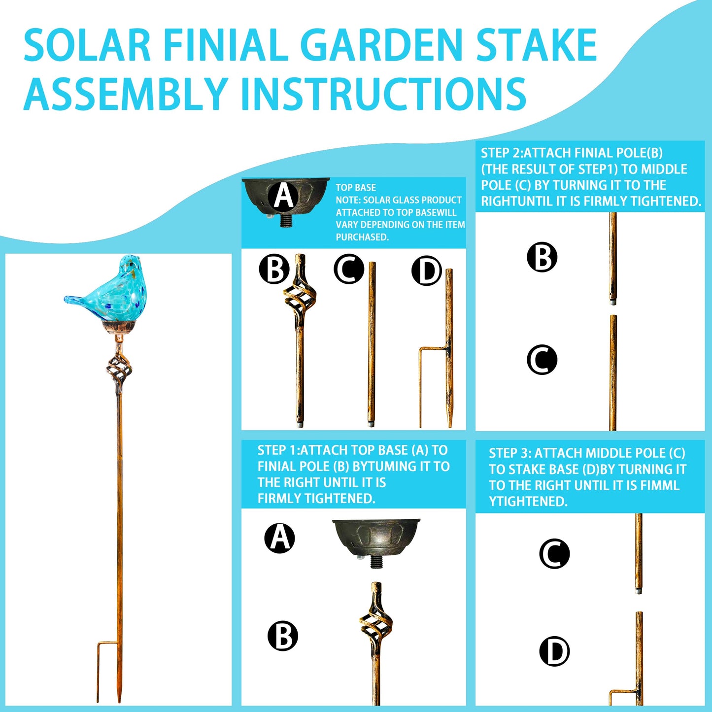 Naboher Decorative Solar Lights, Outdoor Solar Bird Stake Lights, Hand Blown Glass Decorative Garden Pathway Lights Outdoor Waterproof Glass Stakes (Light Blue)