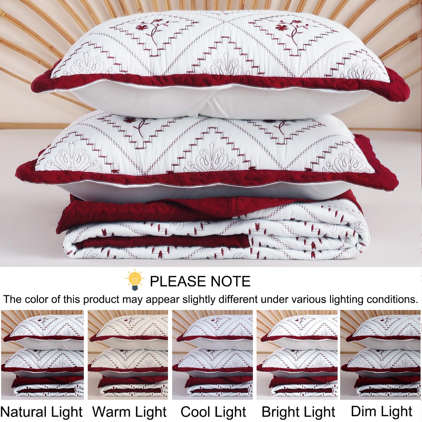 Cmfshape Floral Embroidery Quilt Set,3 Pieces Oversized King Quilt Bedding Set,Classic Diamond Pattern Quilts,Ultra Soft Lightweight Reversible Bedspread Coverlets for All Season(Burgundy,120"x120")