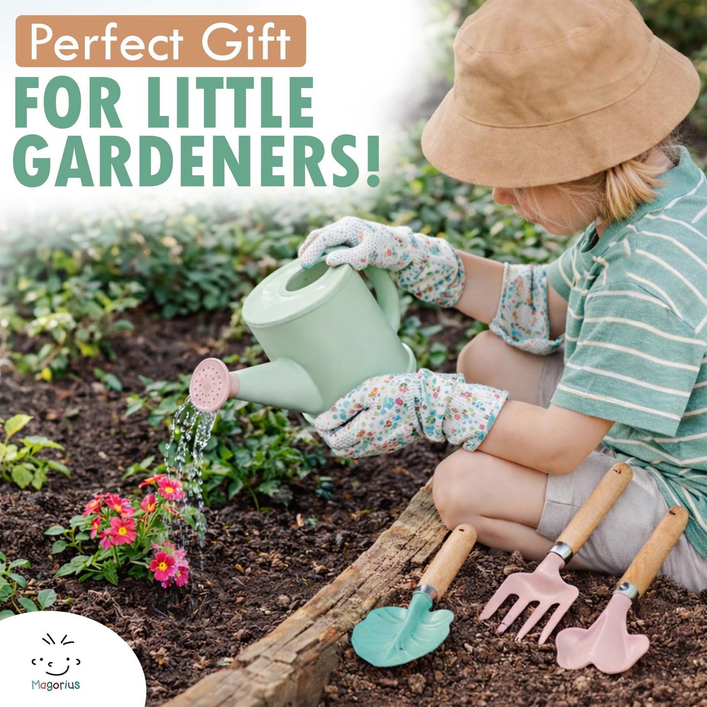 Magorius Kids Gardening Tools Set - 9 Piece Real Metal Tools with Sturdy Wood Handles, Includes Washable Apron, Hat, Tote Bag and Watering Can - STEM Outdoor Learning Gift for Boys and Girls.