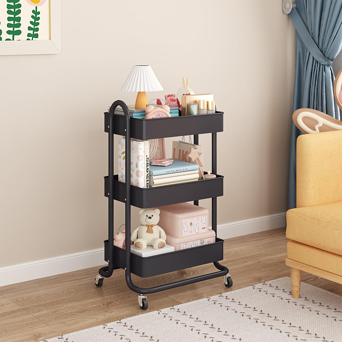 MIOCASA 3-Tier Metal Utility Rolling Cart, Heavy Duty Multifunction Cart with Lockable Casters, Easy to Assemble, Suitable for Office, Bathroom, Kitchen, Garden (Dark Gray, 3-Tier-Metal)