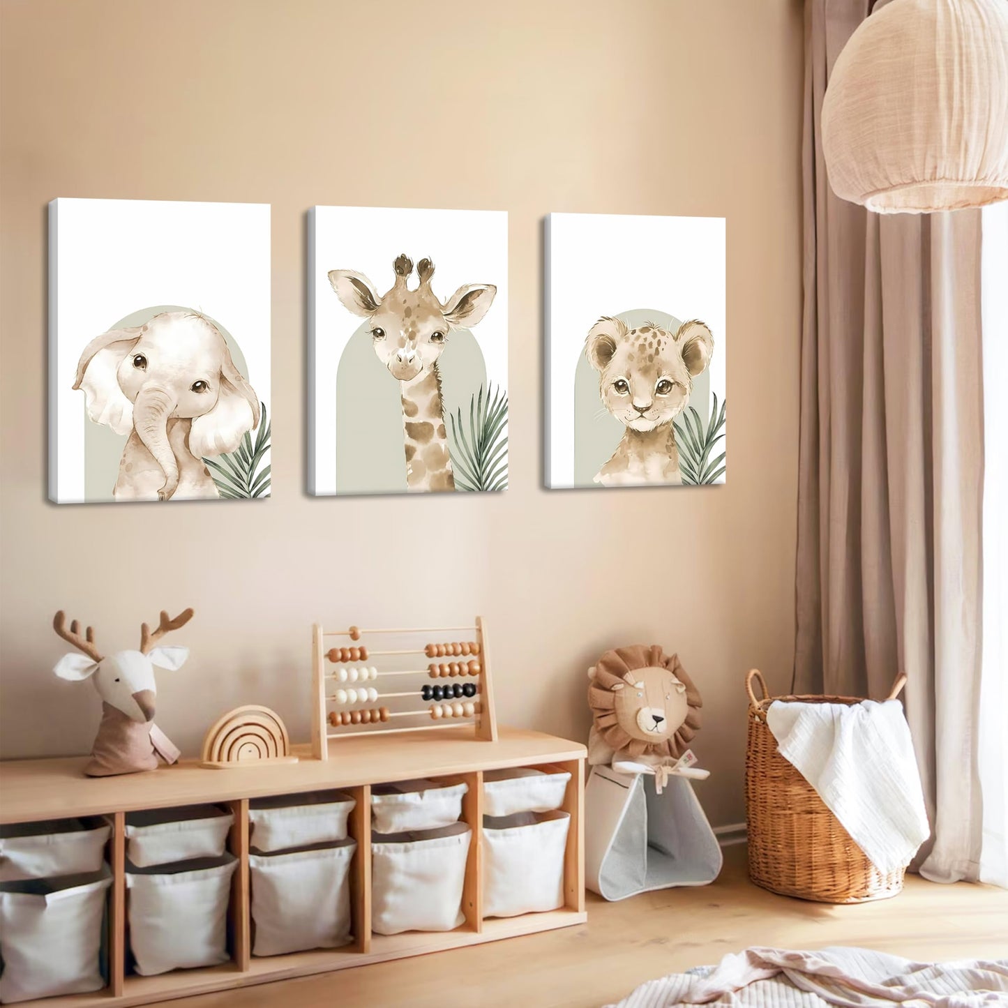 Nursery Wall Decor Set of 3, Cute Animal Lion Elephant Baby Pictures Poster Prints, Giraffe Jungle Canvas Wall Art Woodland Nursery Decor for Boys Girls Room Decoration 12x16 inch Framed