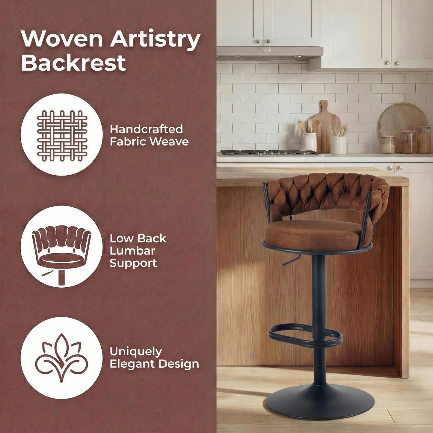YOUNUOKE Single Swivel Bar Stool, Adjustable Height Counter Stool with Woven Back, Metal Legs & Large Footrest, Cloth Fabric Upholstery for Kitchen Island (Light Brown,1 Pack)