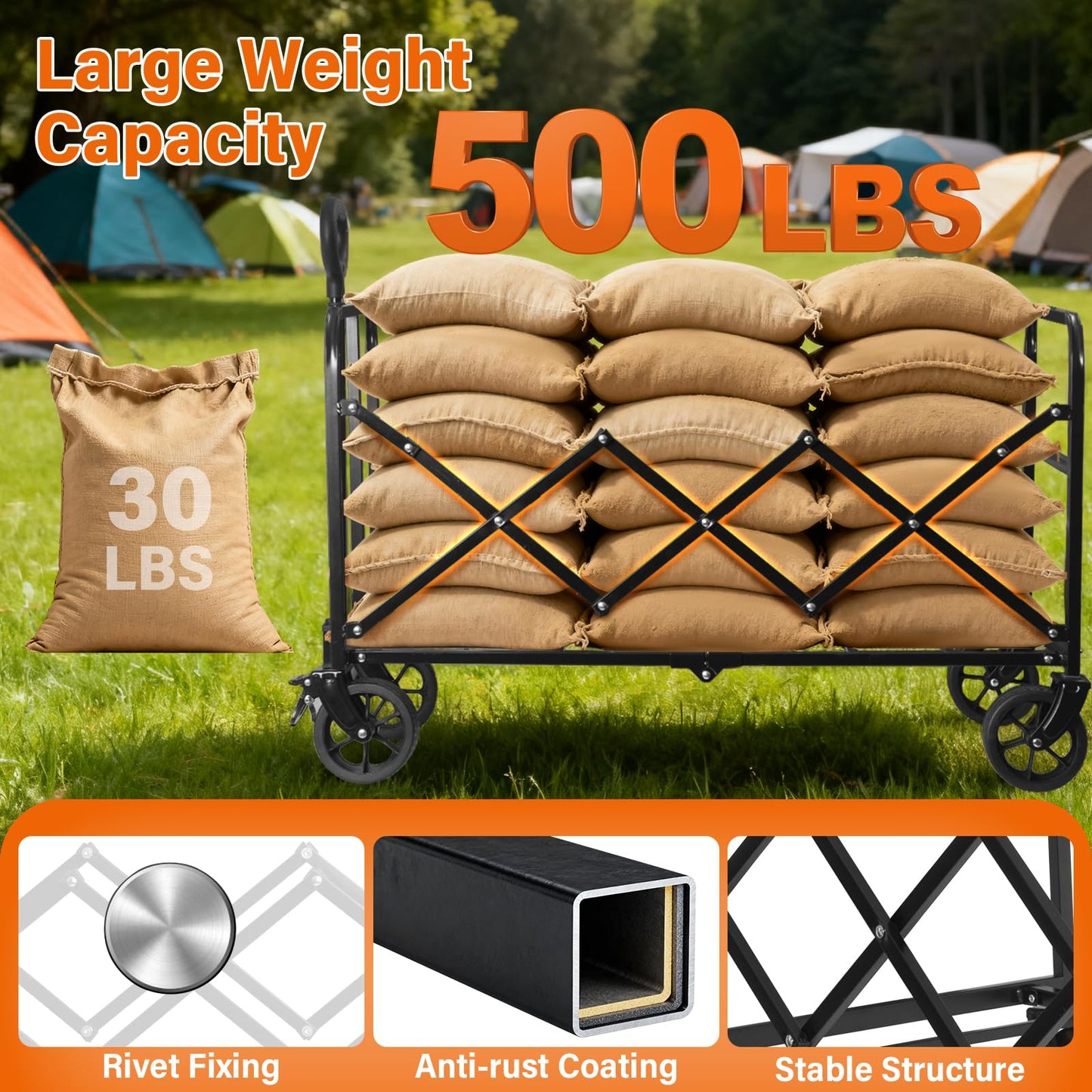 Wagons Carts Foldable — Heavy Duty Collapsible Wagon for Groceries, Apartment Moving & Storage Wagon cart with Wheels Foldable,Portable Folding Wagon for Yard Work, Travel, Shopping,Picnic & Beach