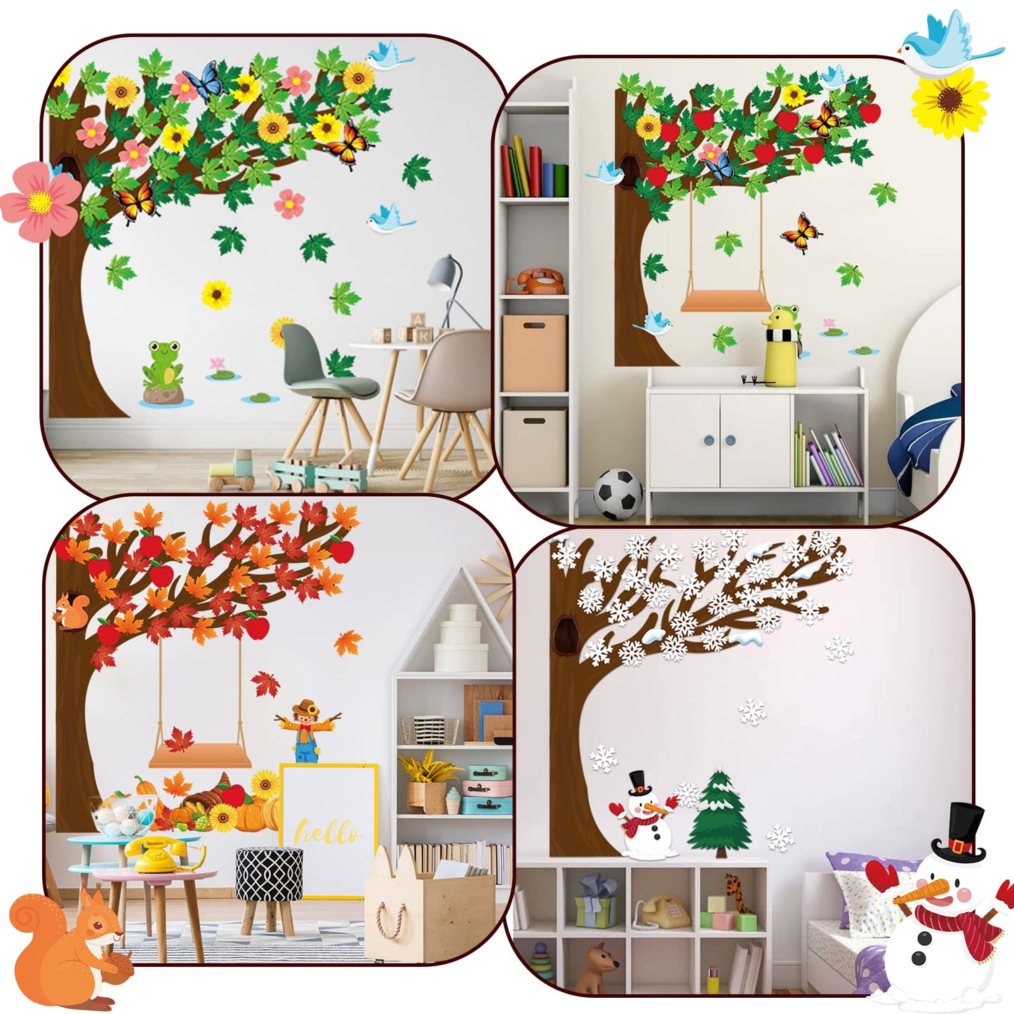 MALLMALL6 198Pcs Classroom Tree Bulletin Board Decor Seasonal Tree Summer Autumn Winter Spring Cutouts Border Set Four Seasons Chalkboard Wall Decorations for Kindergarten Elementary School Home