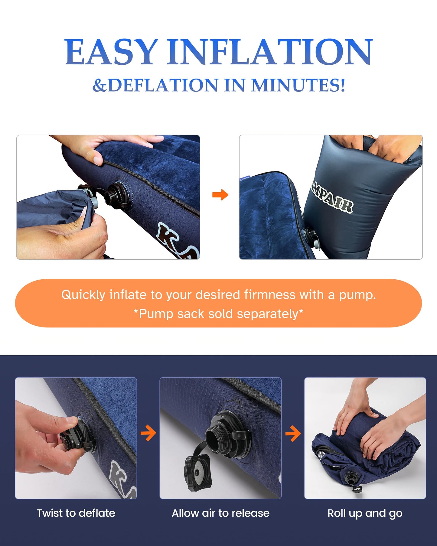 Kampair Inflatable Sleeping Pad for Camping, Extra-Thick 4.75" Single Air Mattress with Soft Velvet Top, Machine Washable, Family Lightweight 4-Season Pad for Traveling & Hiking, Blue