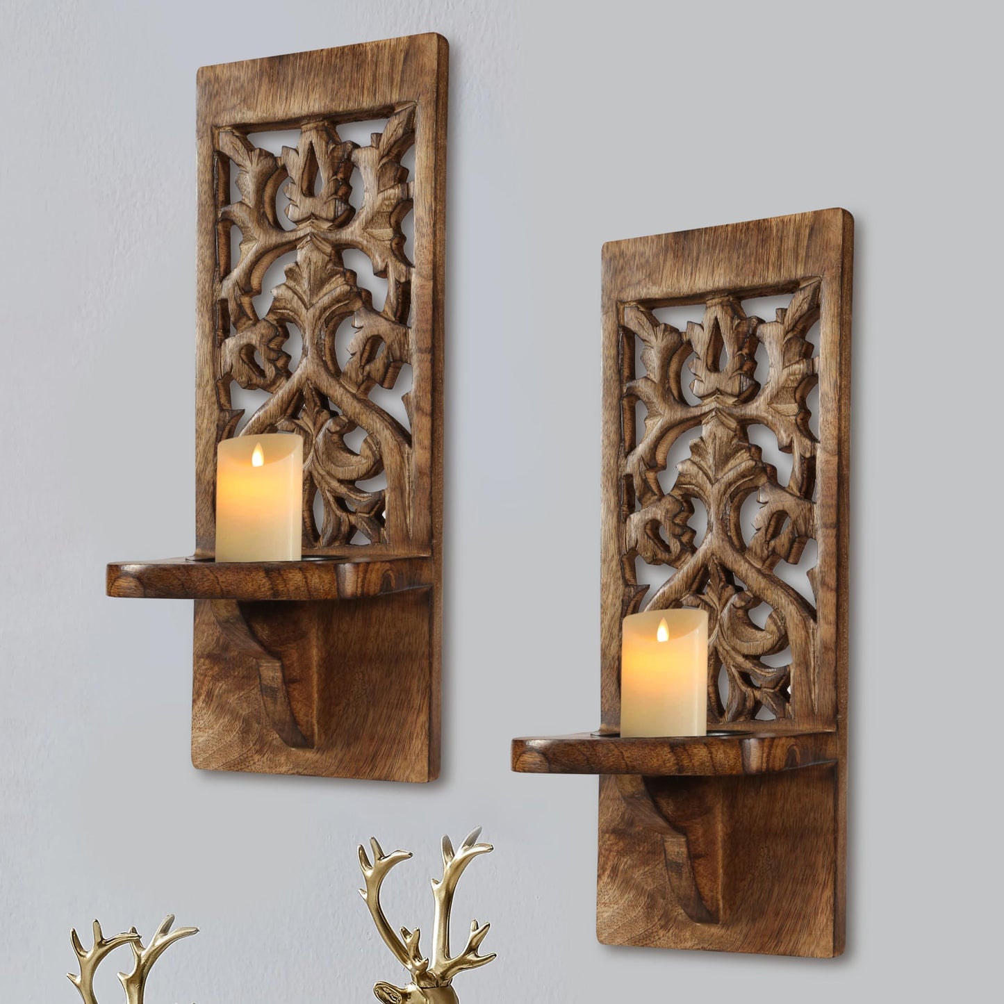 Wall Mount Rustic Candle Sconces Set of 2 - Wooden Floating Shelf Pillar Candle Holders, Farmhouse Wall Décor for Living Room & Bedroom - 16 Inch - Antique Burnt