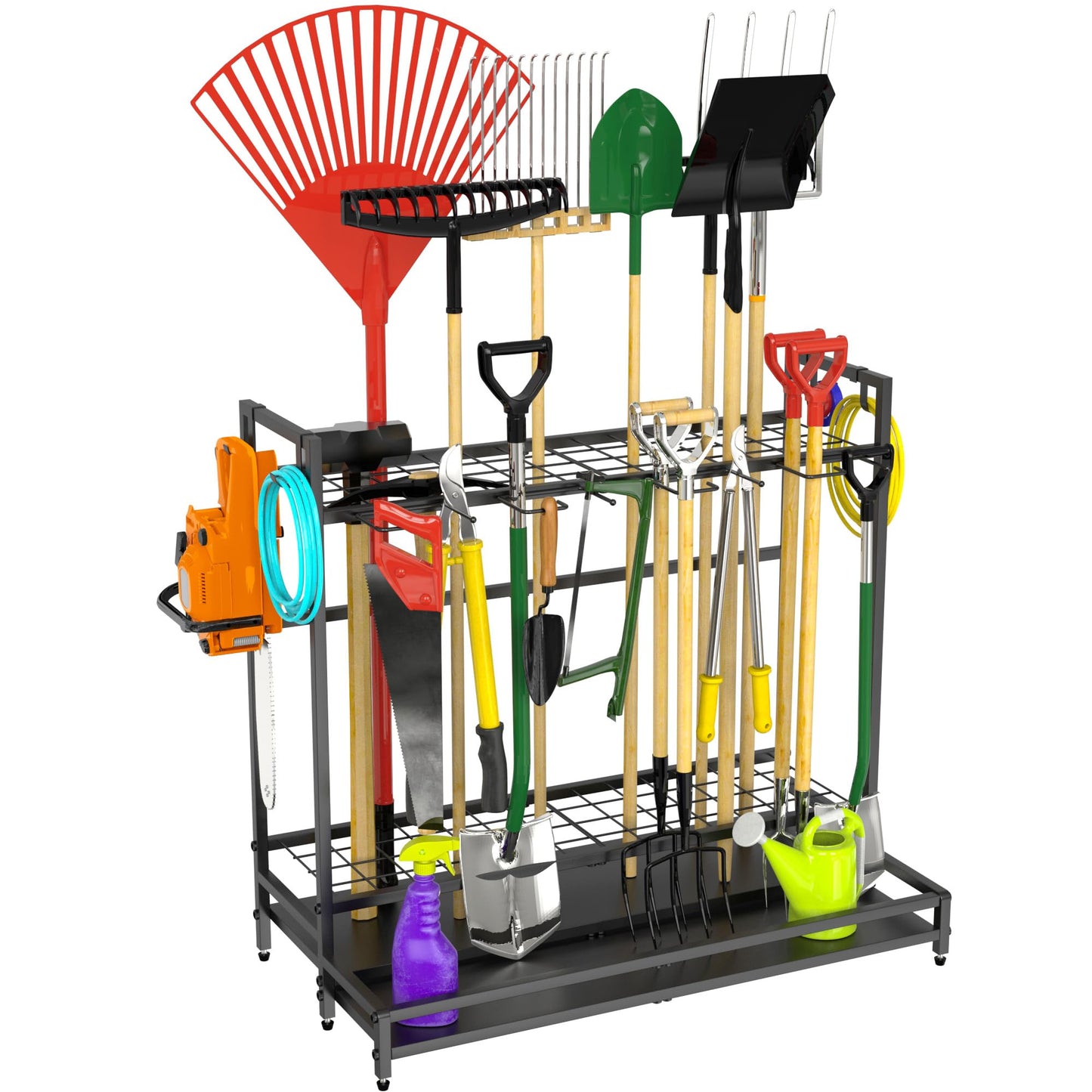 VGMiu Garden Tool Organizer for Garage, Yard Tool Rack, Holds Up to 64 Long-Handled Tools, Black Metal Garden Tools Rack Storage with Hooks for Yard Shed Garage Organization