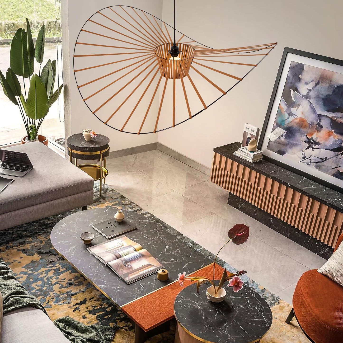 Brown Woven Chandelier, D39" Creative Straw Hat Shape Pendant Light Fixtures, Stretch Fabric+Fiberglass Material, Modern Boho Large Chandeliers, Suitable for Living Room, Bedroom, Dining Room, Office