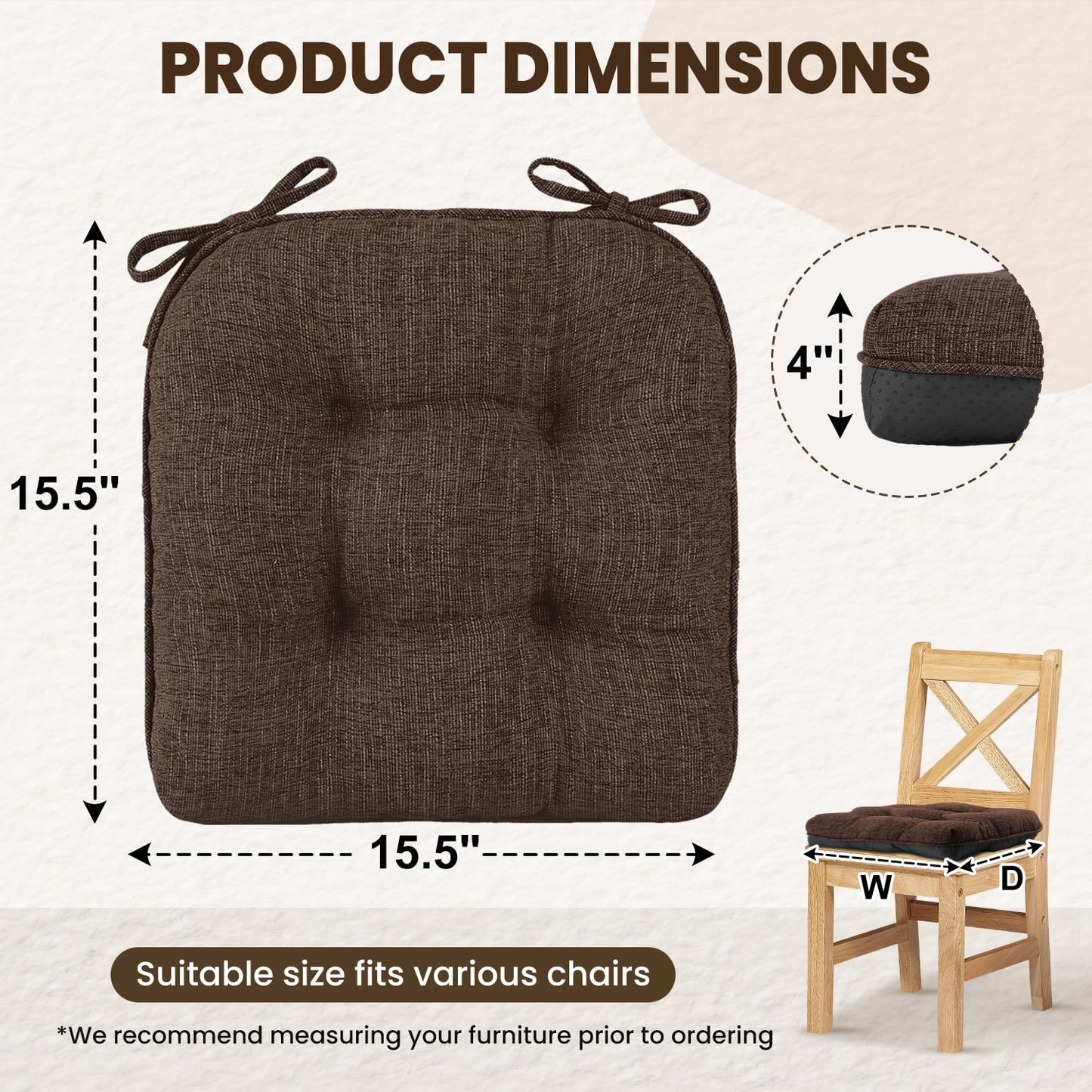 downluxe Indoor Chair Cushions for Dining Chairs, Tufted Overstuffed Textured Foam Kitchen Chair Pads with Ties and Non-Slip Backing, 15.5" x 15.5" x 4", Brown, 4 Pack