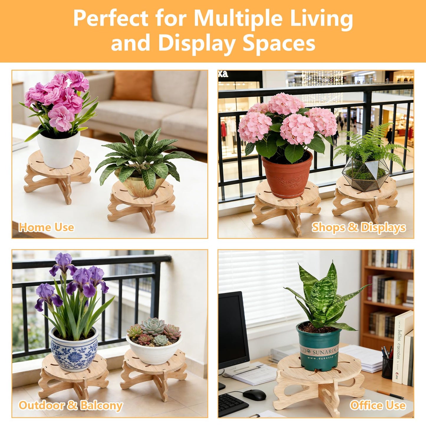 Risirica 2Pc Plant Stand Indoor,Natural Bamboo Plant Stand Indoor,No Screws Required Stable Outdoor Plant Pot Stand for 5-15 lnch Pots,Mid-Century Modern Plant Stool for Living Room, Balcony, Office