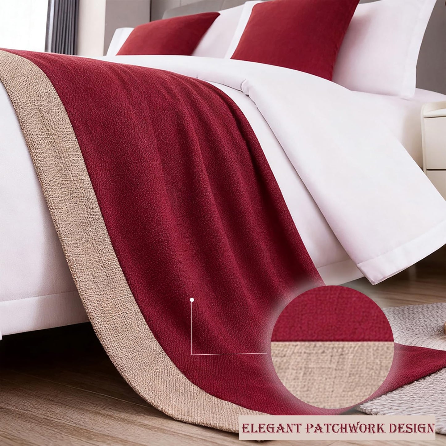 Ctslbreploo Red Bed Runner 82 x 20 Inch Red and Khaki Patchwork Bed Scarf for Queen & Full Bed Stripe Reversible Quilted Bed Runner Decorative for Hotel Bedroom Home - 1 Piece