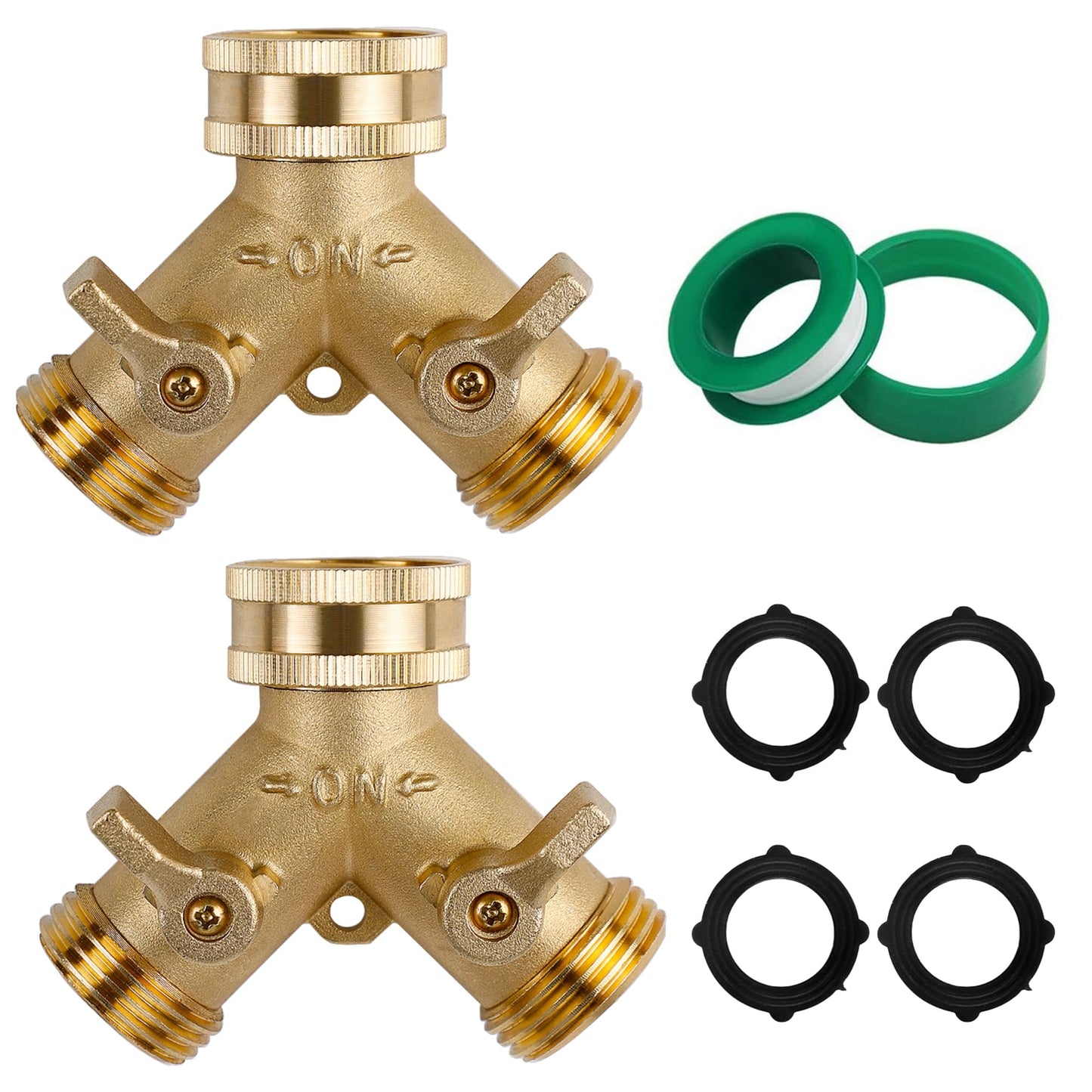 Triumpeek 2-Pack Brass Garden Hose Splitter, 3/4 Inch 2-Way Y Shaped Water Faucet Adapter with Dual Shut-Off Valves, Leak-Proof Design, Includes 4 O-Ring Washers & 1 Tape