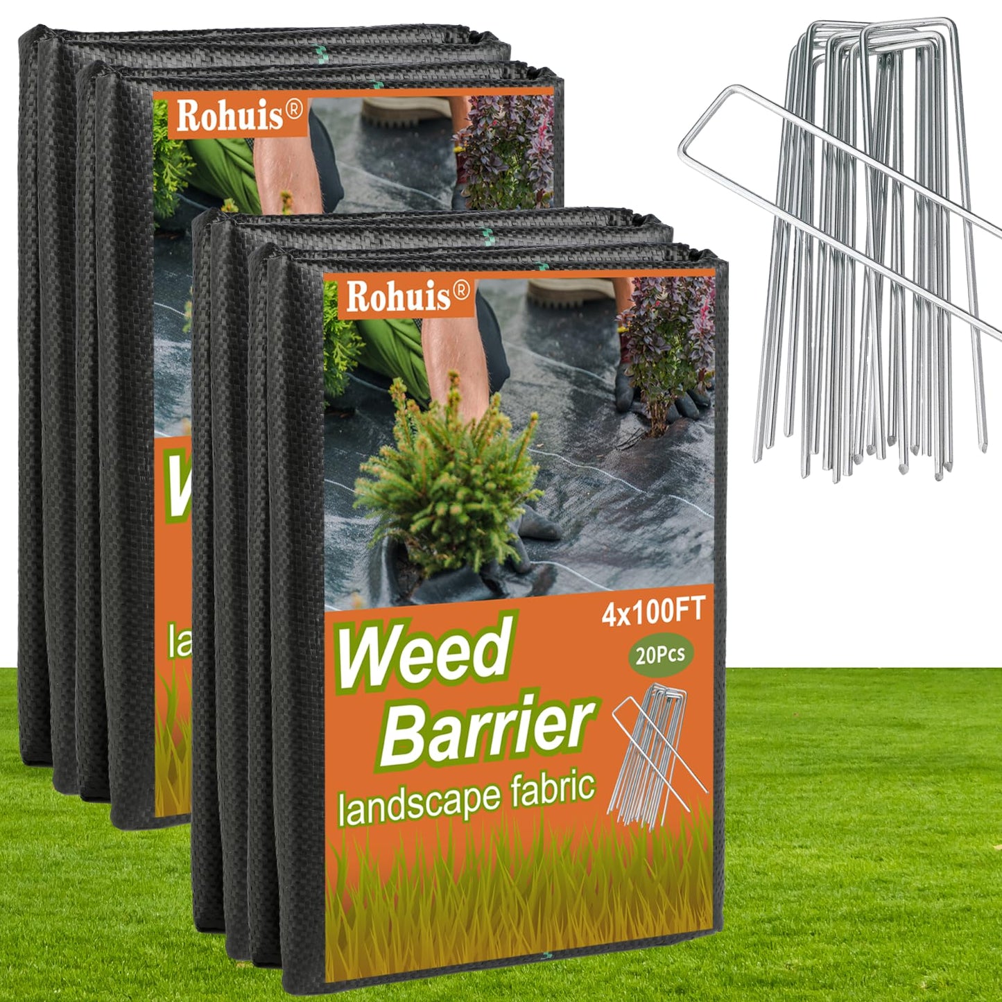 Rohuis 4ft x 100ft Weed Barrier Landscape Fabric, Heavy Duty Woven Ground Cover for Garden, Weed Control Mat for Gardening Driveway Landscaping, Weed Blocker Cloth with 20 U-Shaped Securing Pegs