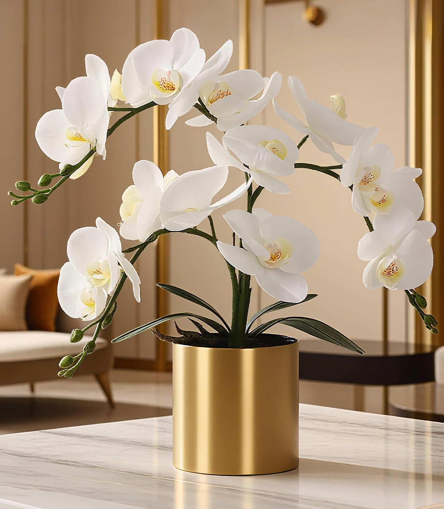 LESING Potted Artificial Orchid Flowers,Real Touch White Fake Artificial Orchid Flower in Gold Vase Arrangement for Table Living Room Decoration (White,Gold Vase)