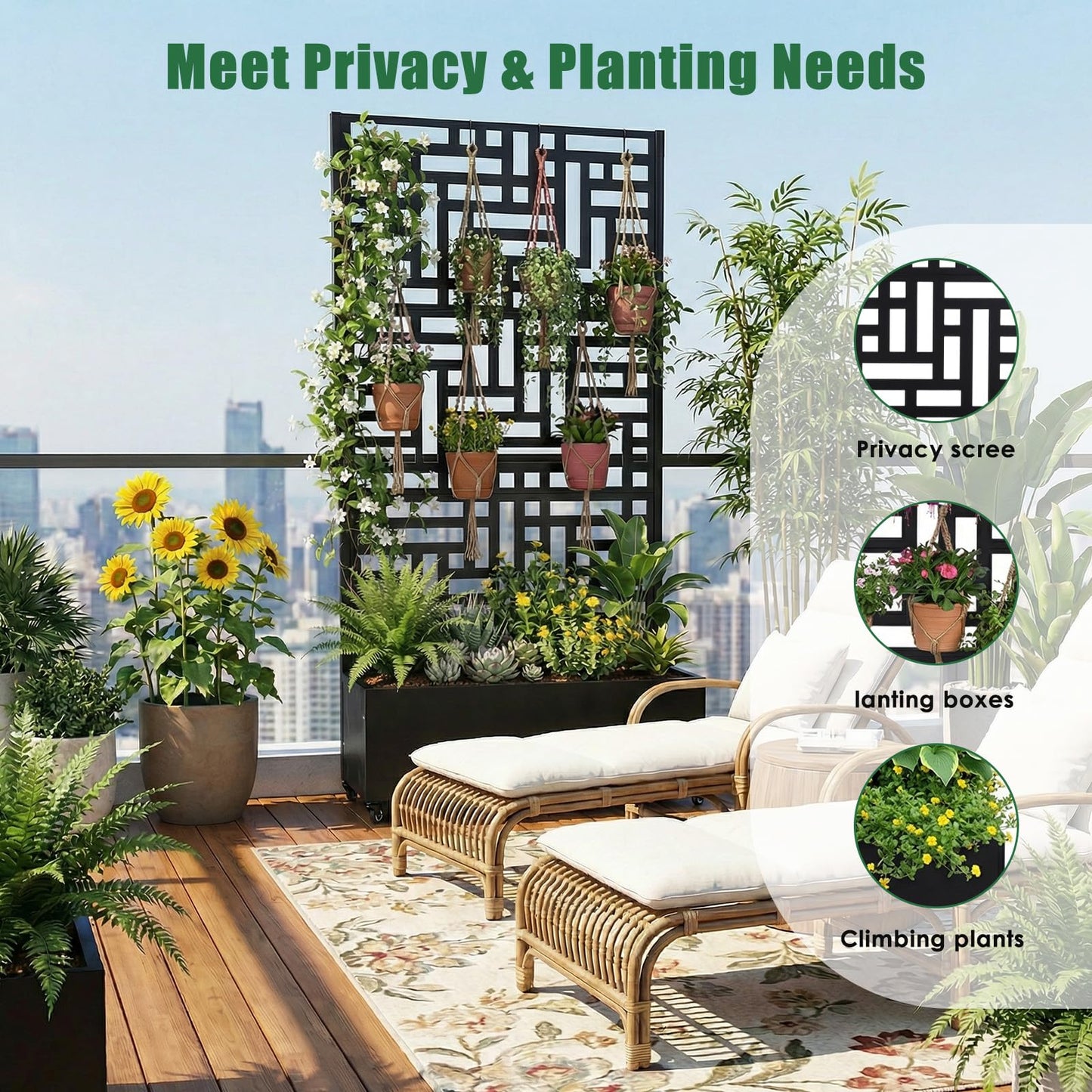 CLBDRESS 70.87x35.43x15.75 Inch Metal Planter Box with Trellis and Wheels Raised Garden Bed with Drainage Holes Privacy Planters Suitable for Climbing Plants and Vegetables