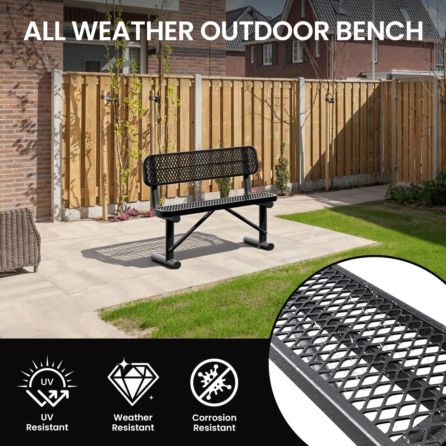 Sunnibety 4 Feet Heavy Duty Metal Park Bench for Outside, Outdoor Bench with Backrest & Portable Frame, Commercial Benches for Shopping Malls, Stores, Parks, Patios, Decks, Black