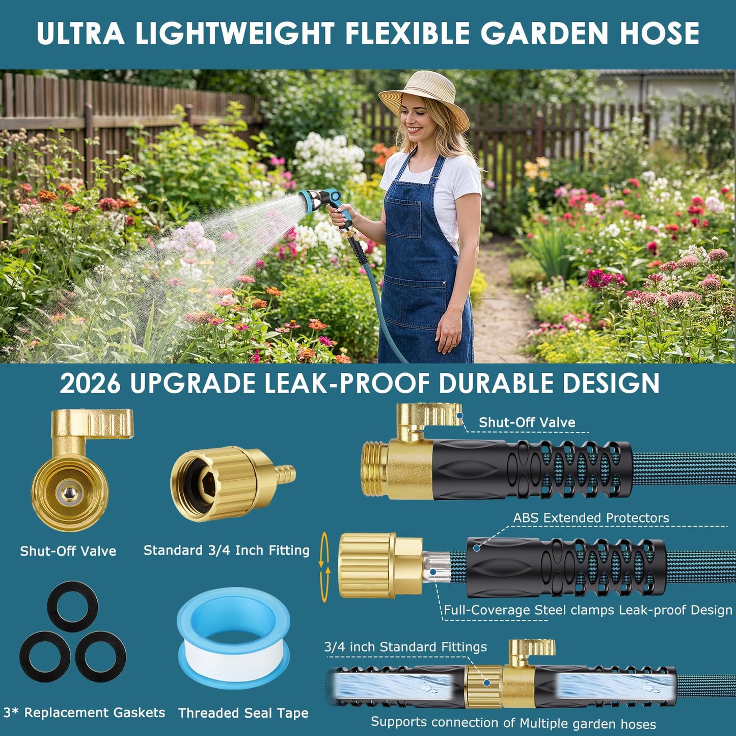 FlexiSolve NON-EXPANDABLE Garden Hose 100 ft, Ultra Lightweight Flexible Water Hose with 10-Pattern Nozzle & Shut-Off Valve, Holder, Leakproof & Kink-Resistant Reinforced Fittings for Yard Outdoor