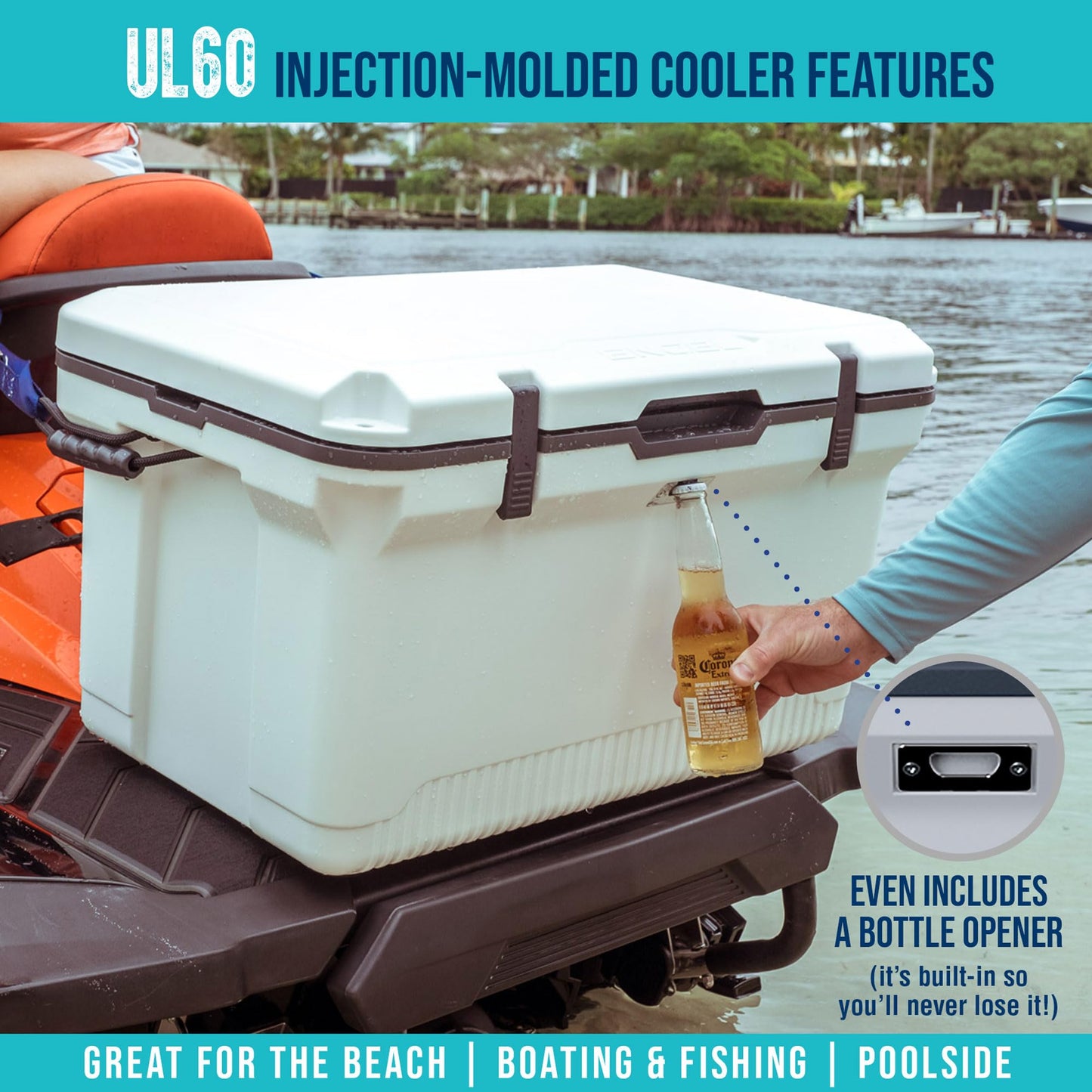 ENGEL 60 QT Ultra-Light Injection Molded Cooler - Ice Chest Keeps Ice up to 7 Days - Large Cooler Includes Wire Basket, Divider and Built-in Bottle Opener - Seafoam with Dark Grey Interior (Seafoam)