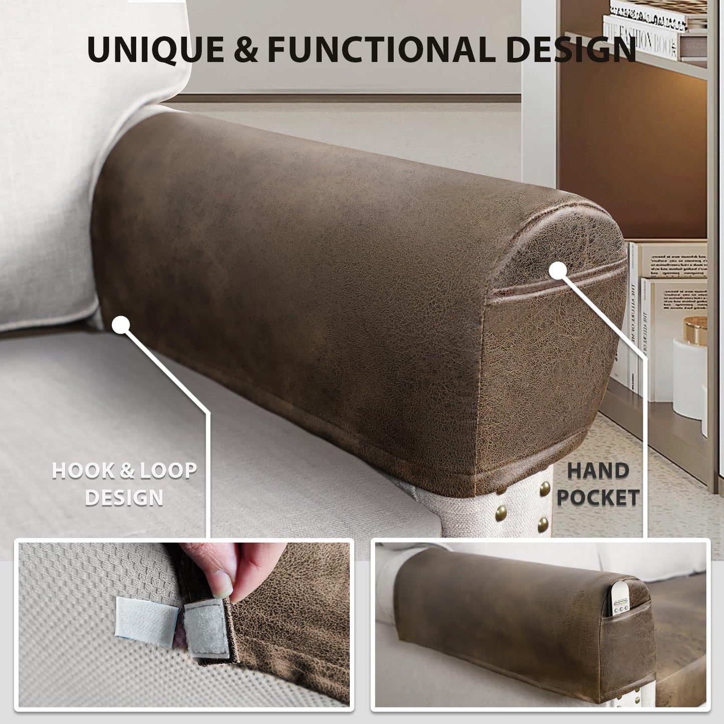 ANARACHON Leather Look Couch Arm Covers Set of 2 Armrest Covers for Sofa Chair Arm Protectors Stretch Armchair Slipcovers with Pockets Washable Spandex Fabric (Medium, Brown)