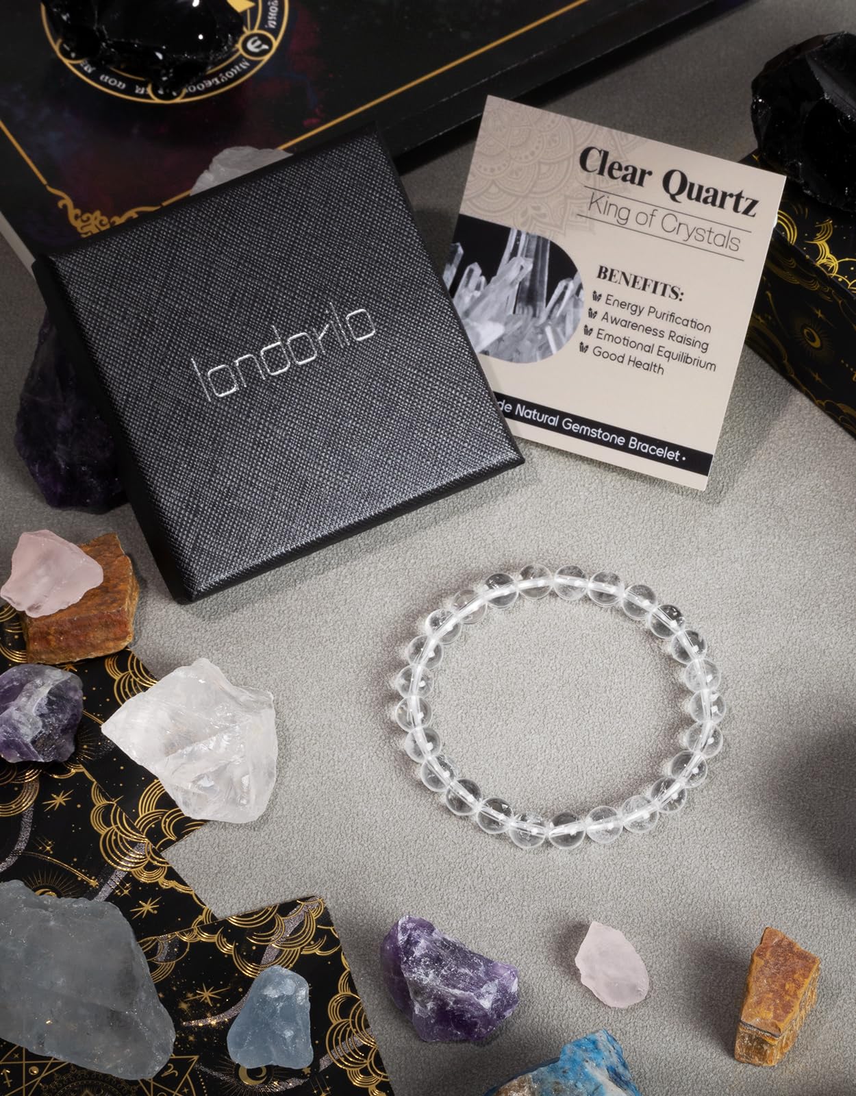 Landorilo Beaded Bracelet for Men Women, 8mm Natural Stone Clear Quartz Healing Crystal Stretch Bracelets, Ideal Christmas Birthday Jewelry Gifts with Energy Card，Replacement Beads Included