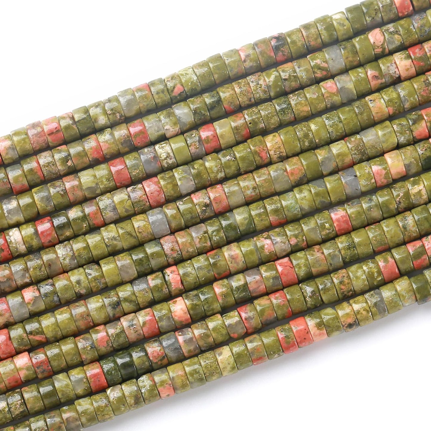 150pcs 2x4mm Natural Unakite Green Stone Tube Shape Beads Loose Flat Round Cylinder Flat Spacer Green Stone Beads for Bracelet Earrings Jewelry Making