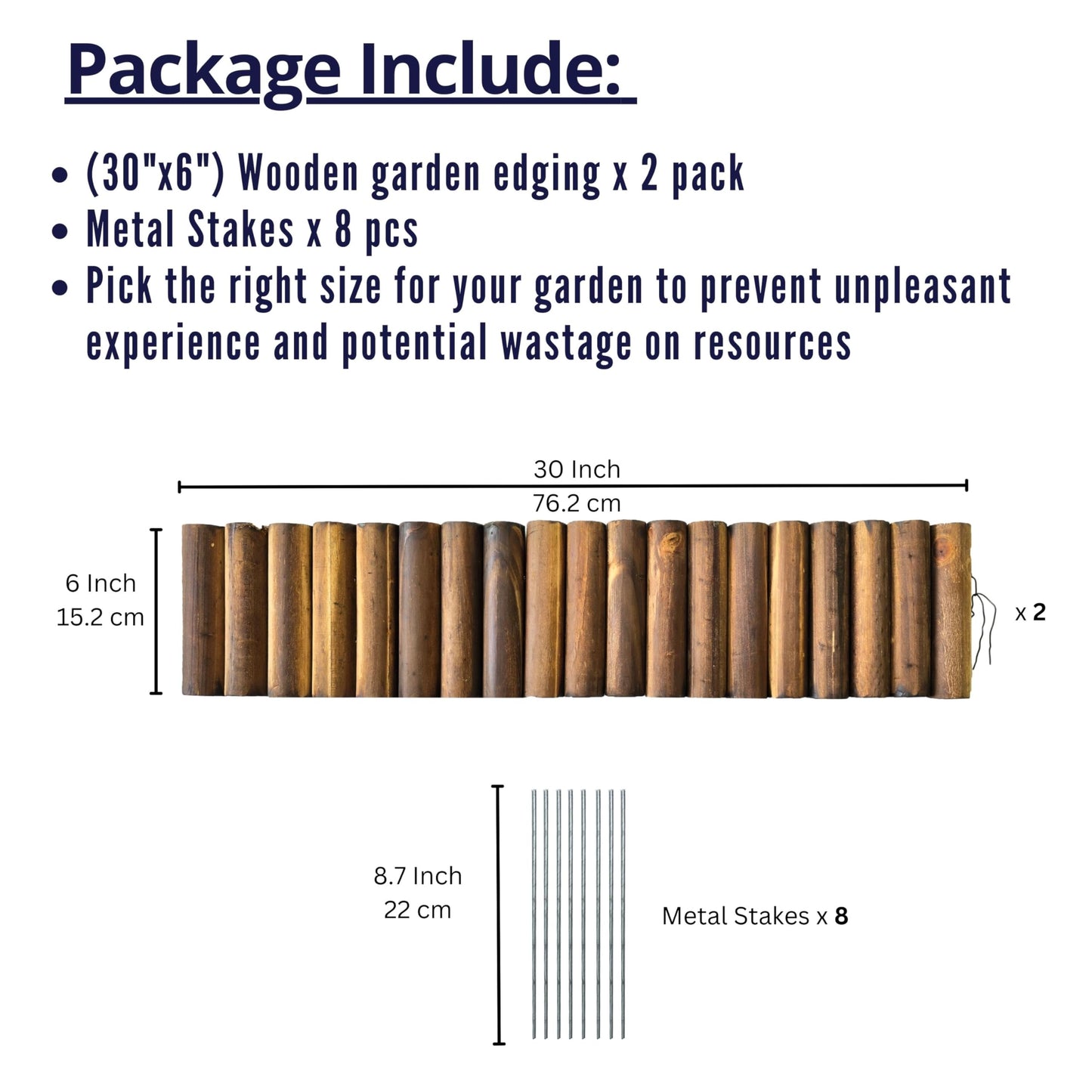 LaLaGreen Decorative Garden Edging Border (30"x6", 2 Pack) Small Brown Wooden Fence Panels with Metal Stakes, Flowers Bed Landscape Fencing for Lawn Yard Patio Pathway Outdoor Decor Tree Rings Barrier