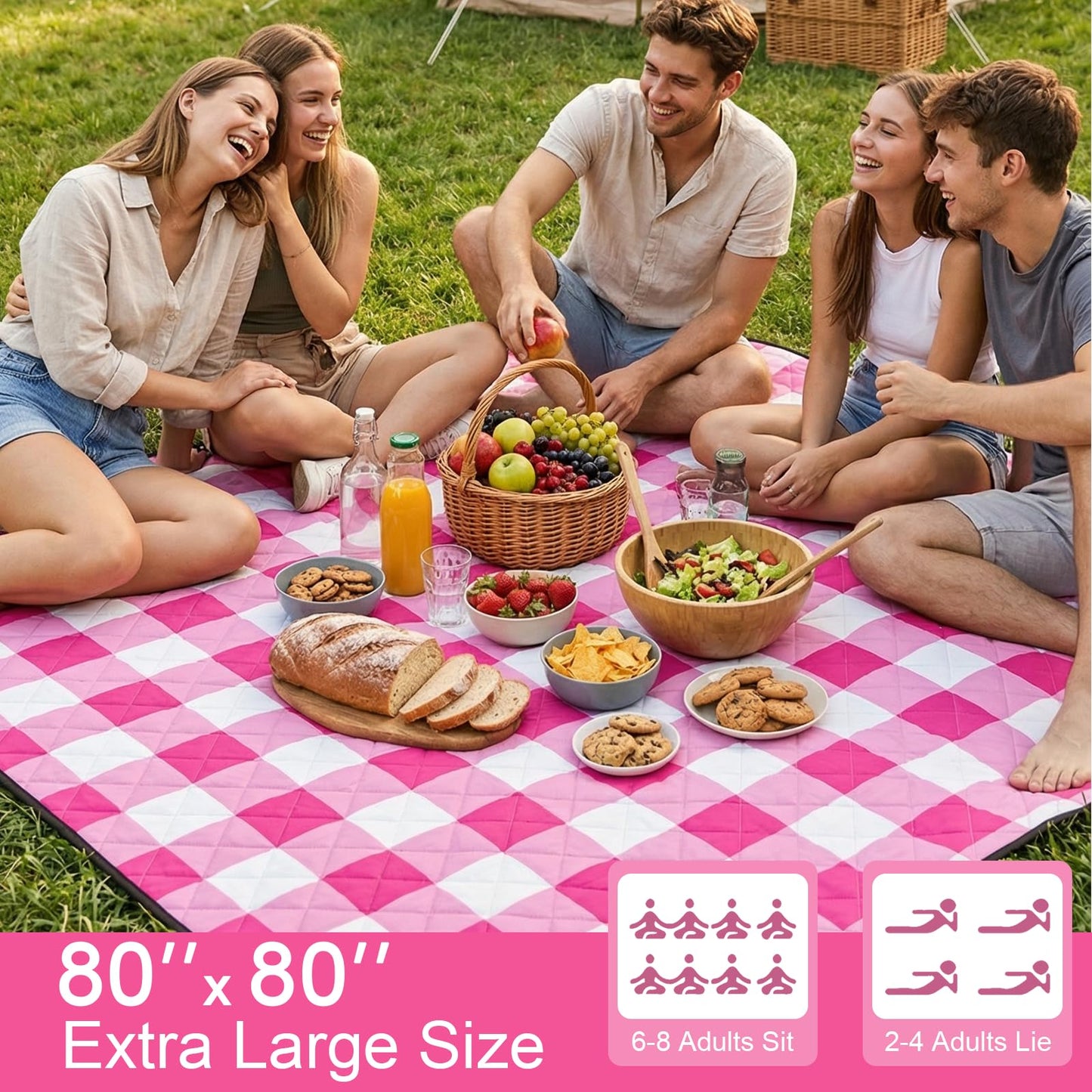 JACTUM 2 in 1 Tote Picnic Blanket Waterproof Outdoor Camping Mat，Large Capacity Beach Blanket 80''x80'' 7 Layers Easy to Foldable and Carry.