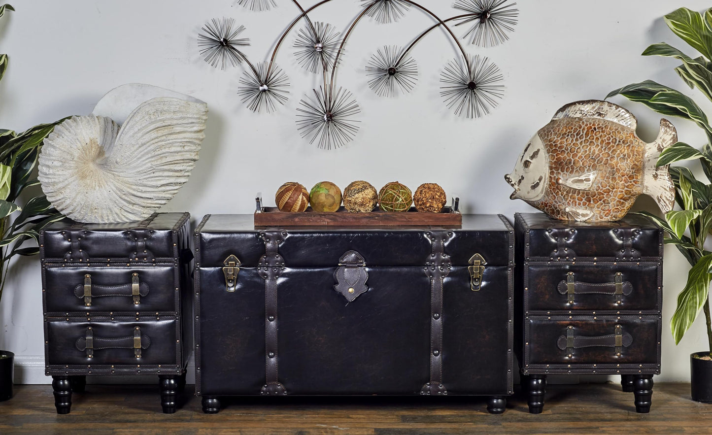 Deco 79 Faux Leather Home Bench Vintage 4 Drawer Entryway Benches with Faux Leather Straps and Studs, Set of 3 Bedroom Benches 37", 16", 16"W, Brown
