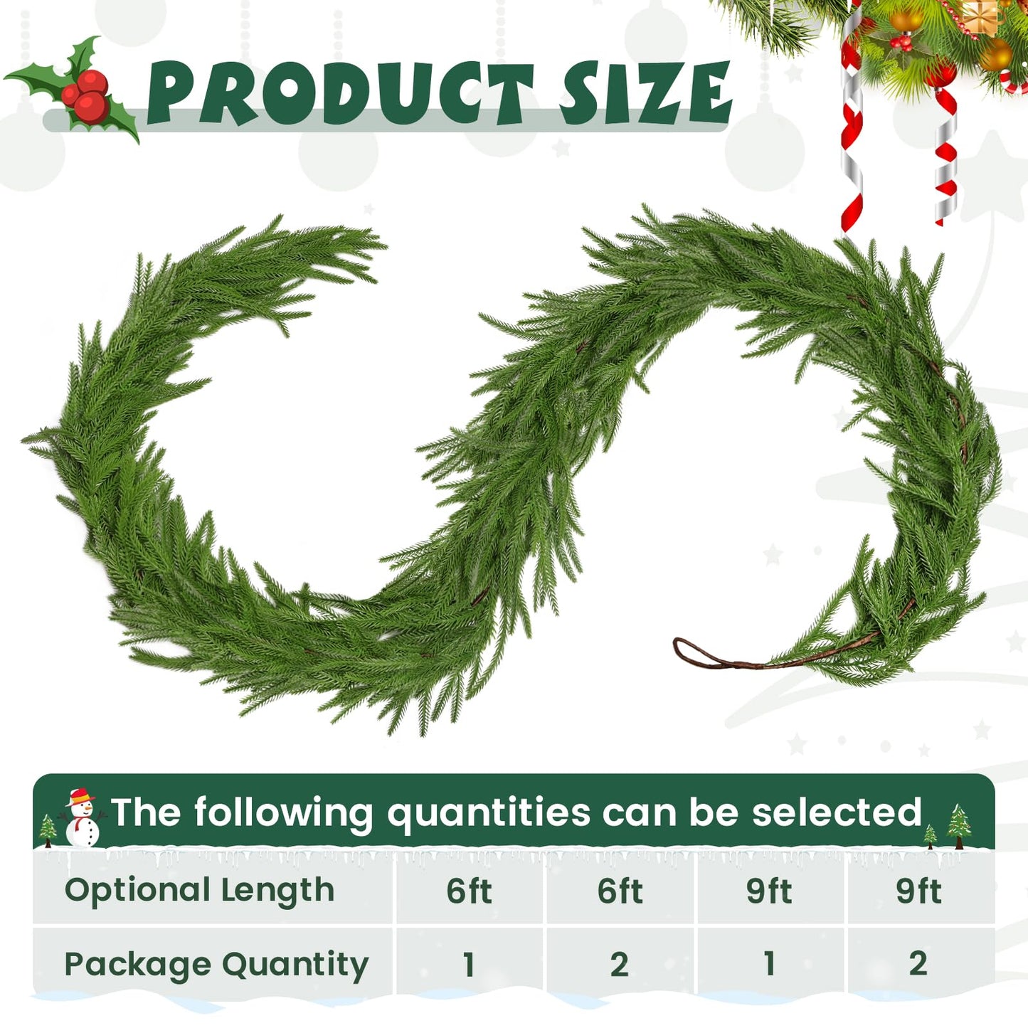 1Pcs 9FT Christmas Norfolk Pine Garland,Realistic Cedar Garland Artificial Pine Cypress Vines,Greenery Garlands for Holiday Xmas Indoor Mantle Decor