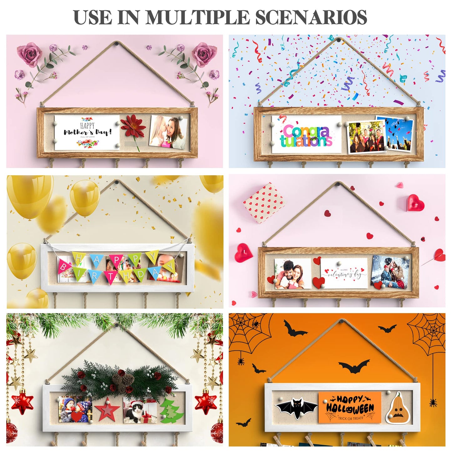 Bikoney Picture Frames Collage Wall Decor Hanging Photo Display Multi Pictures Organizer with Wood Bulletin Board Photo Board 30 Clips and 6 Pushpins for Room (Carbonized Black)