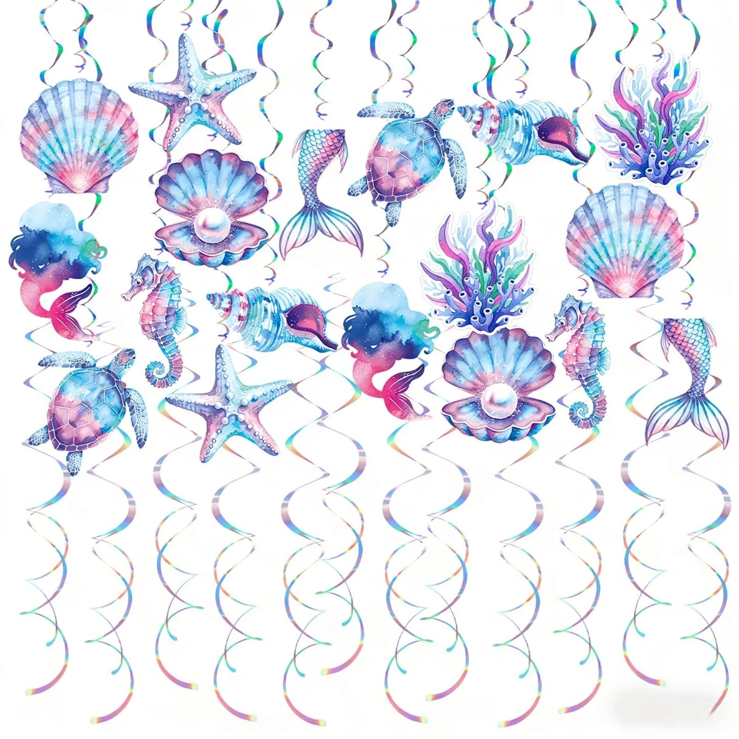 Mermaid Hanging Swirls, 36Pcs Mermaid Ceiling Streamers Sea Creature Hanging Decorations for Ocean Mermaids Theme Party Supplies