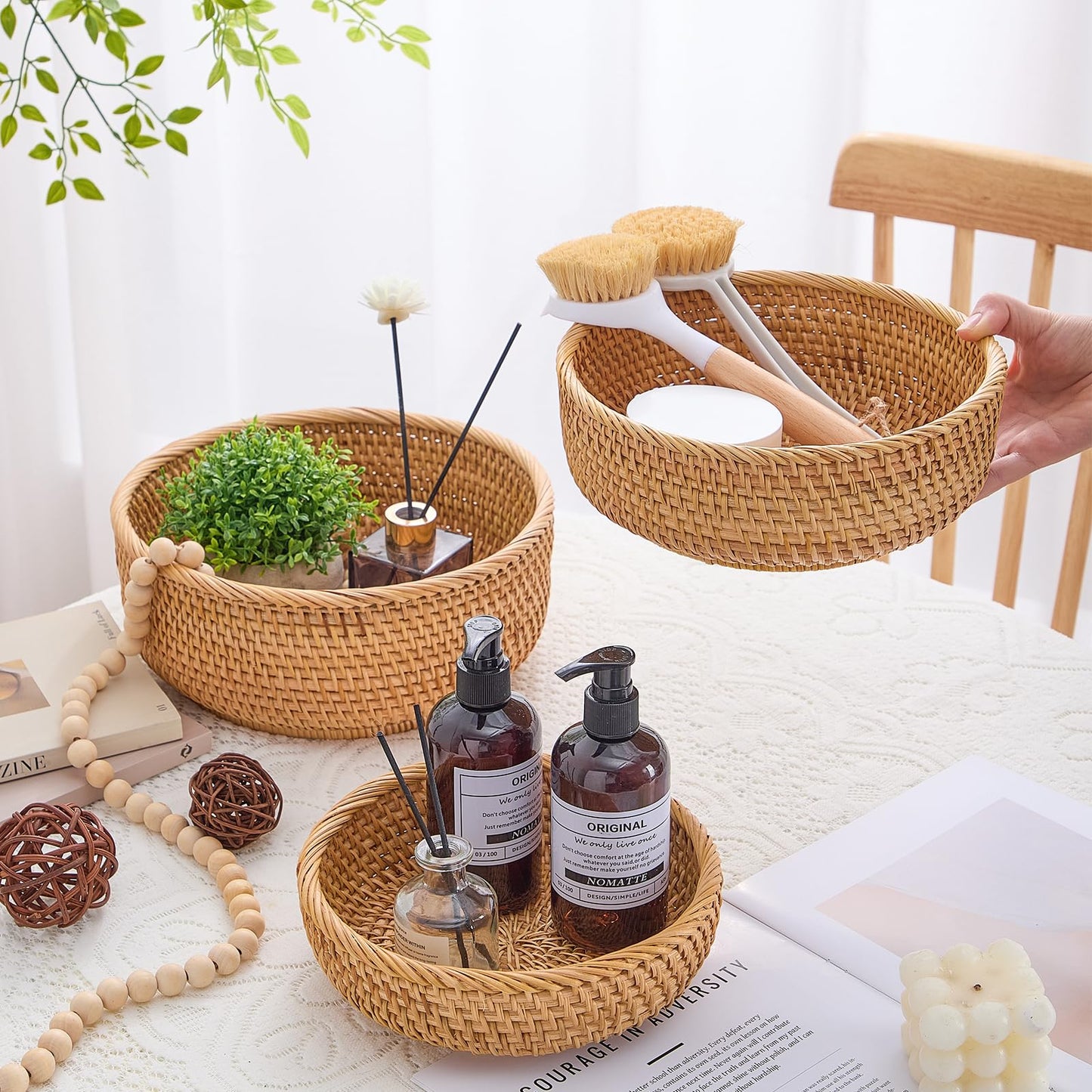 Hand-Woven Stackable Rattan Basket, Set of 3, Fruit Bread Serving Bowls, for Farmhouse Kitchen Storage & Decor