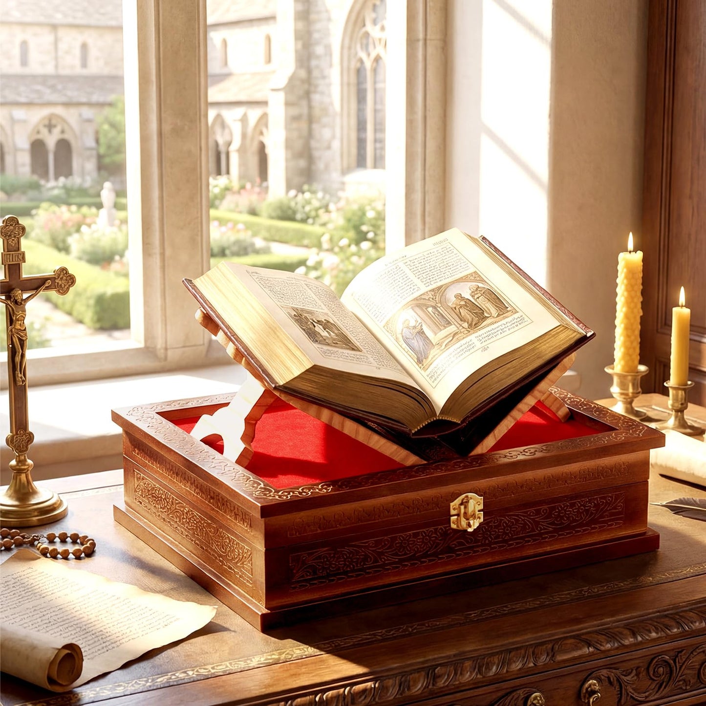 Yalikop Wooden Rehal Box Beautifully Holy Book Stand Box Quran Bible Holder Foldable Ramayan Stand Religious Rehal Display Decor for Geeta GURU Granth Sahib Prayer Holy First Communion