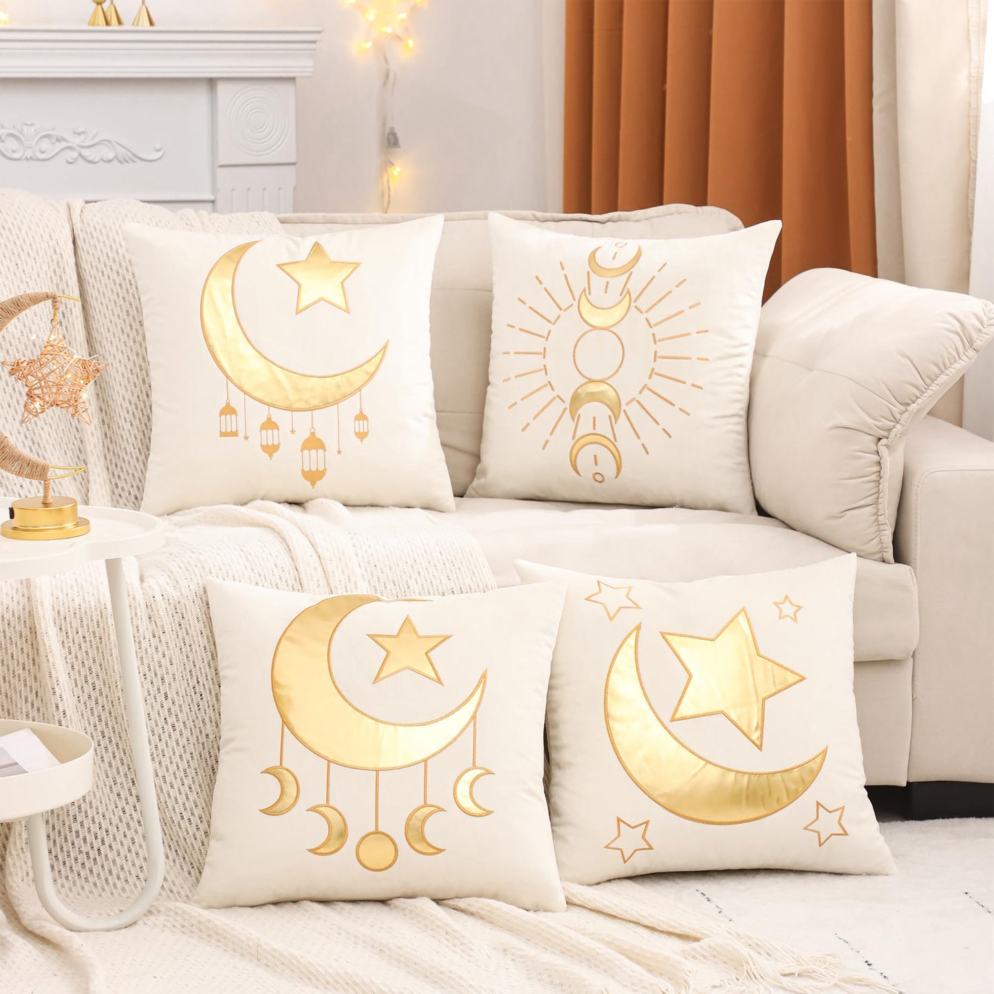 Tosleo Ramadan Lantern Pillow Covers 18x18 inch Set of 2 Beige and Gold Velvet Throw Pillow Covers Ramadan Eid Mubarak Cushion Covers Star and Moon Decorations for Home Couch Sofa Outdoor