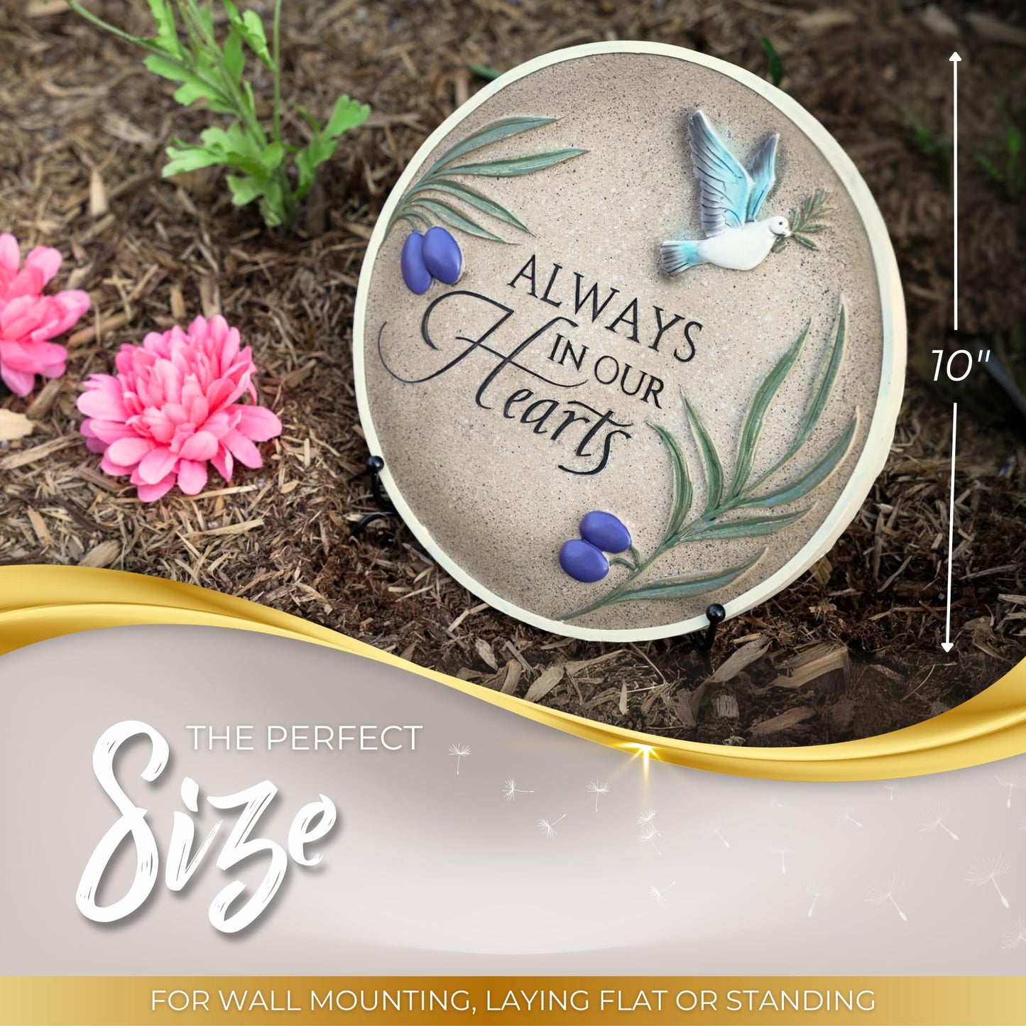 Stunning Garden Memorial Stone with Stand & Sympathy Card (10") - Artist Designed Peace Dove Amongst the Olive Branches - Ideal for Garden Decor, Memorial Gifts & Sympathy Gifts for Loss of Loved One