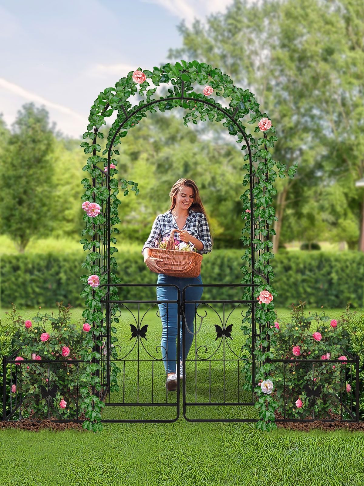 Kalolary Garden Arch with Gate and Plant Box, Heavy Duty Metal Butterfly Garden Arbor for Climbing Plant Raised Bed Rose Vines Climbing Support for Lawn Backyard Patio Outdoor Decor (86.6"x79.8"x20")