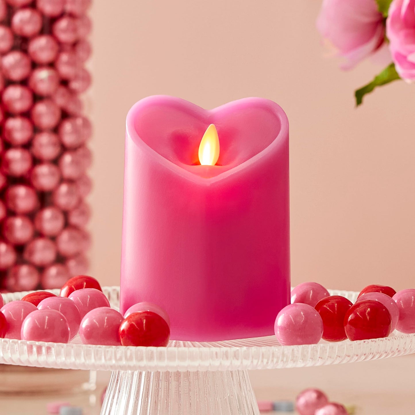 Luminara Raspberry Sorbet Heart Shaped Pillar Candle - Flickering Real-Flame Technology - Remote Ready - Romantic Valentine's Collection - 3.5" x4.5"