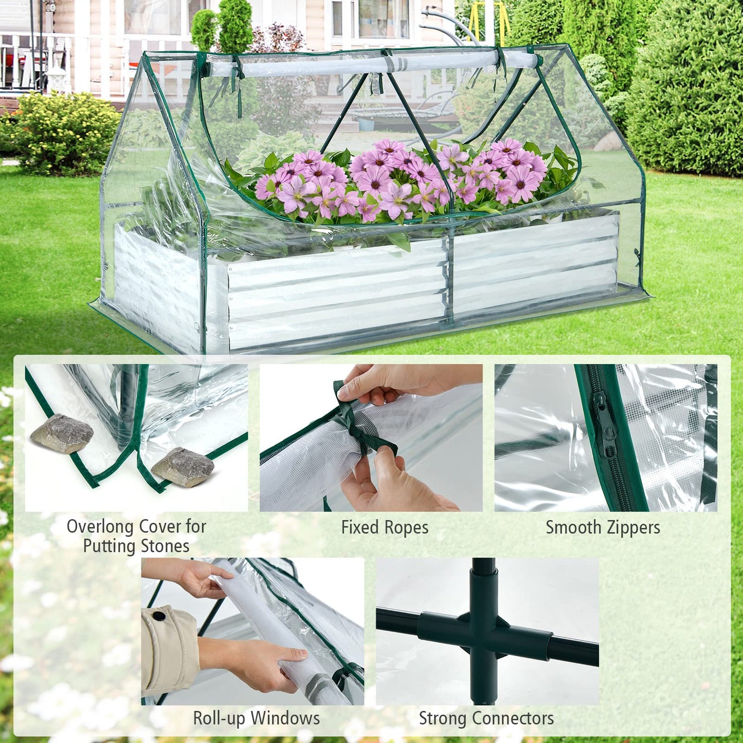 Giantex Galvanized Steel Raised Garden Bed with Mini Greenhouse, Outdoor Metal Planter Box Kit with Large Roll-up PVC Cover, 71"x 35.5"x 36" Planter Raised Bed for Growing Flower Herb Vegetable Fruit