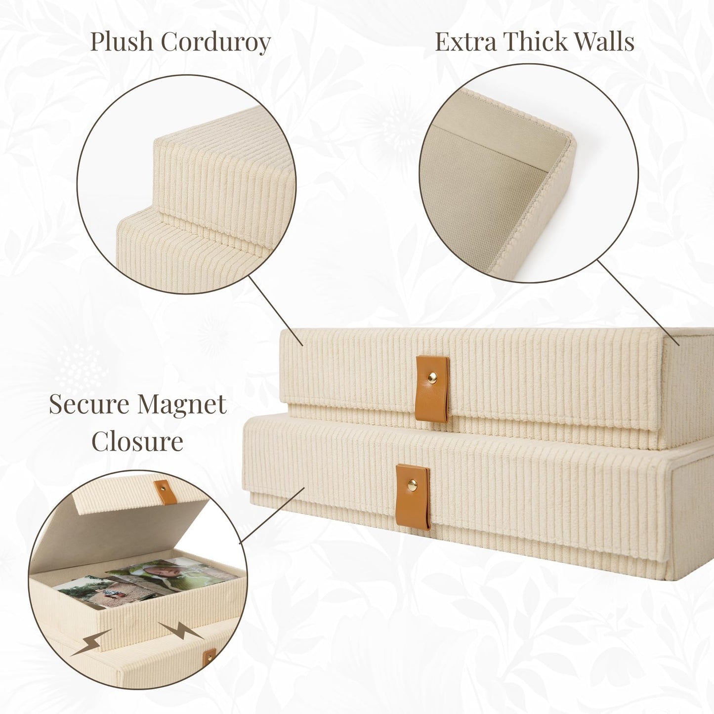 cherish & dwell Beautiful Cozy Corduroy Decorative Storage Boxes with Lids – Set of 2 Keepsake Boxes for Photos, Documents and Home Decor Accents - Giftable Memory Boxes