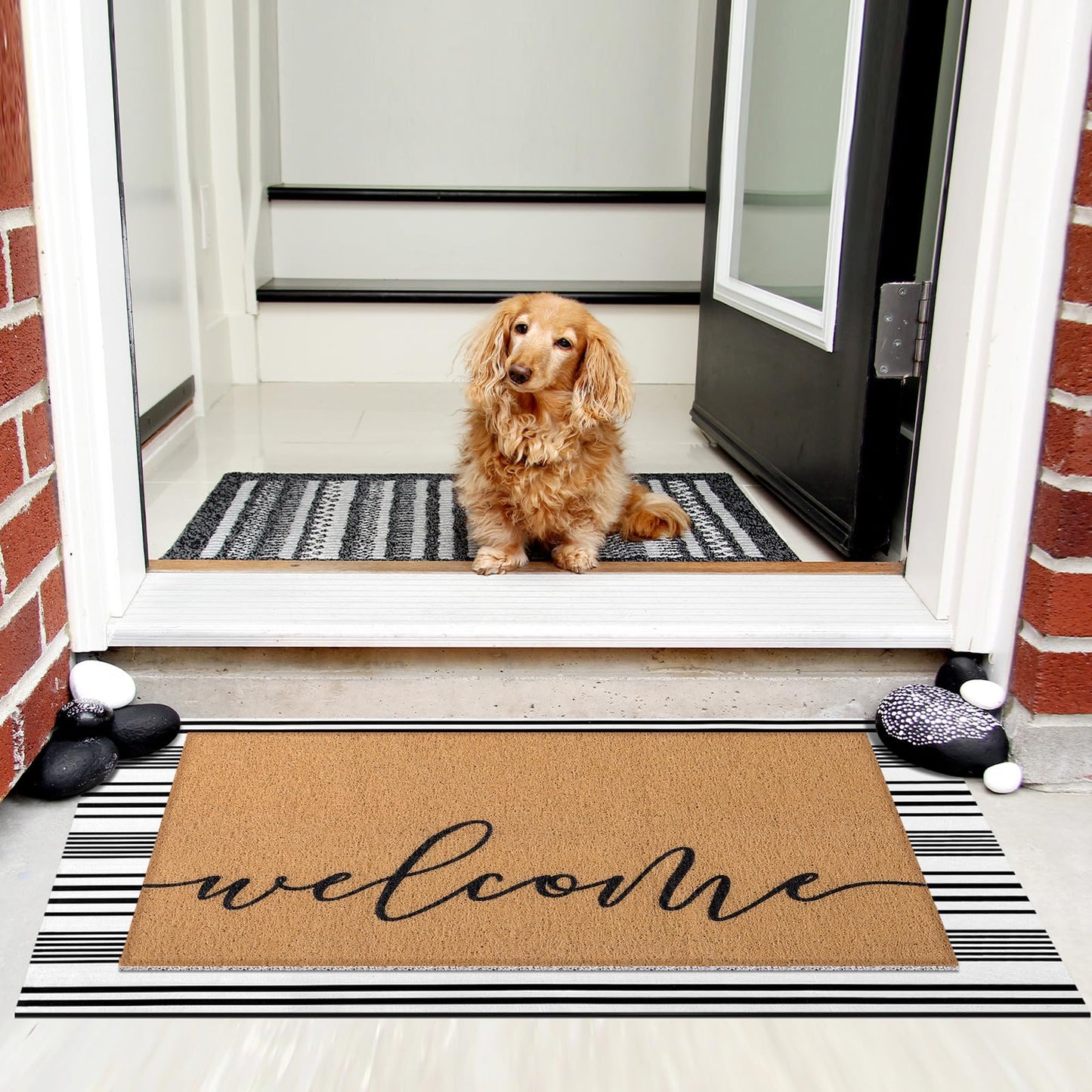 Tinideya 2 Pcs Door Mat Welcome Non Slip Coir Mats Floor Layering Doormats Seasonal for Front Porch Entryway Decor(Welcome)