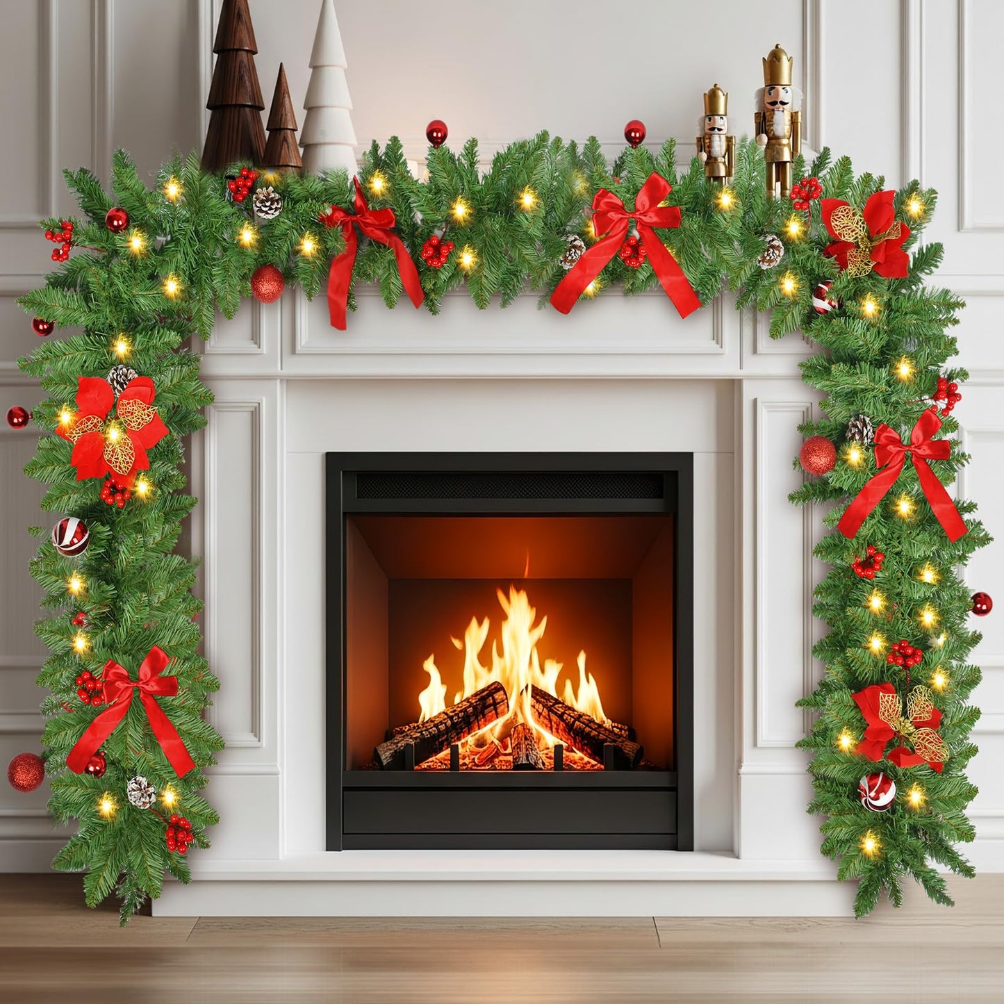 Christmas Garland with Lights 9FT Timer Prelit Garland Battery Operated Outdoor Indoor Christmas Decorations 30 LEDs Lighted Garland for Stairs Railing Fireplace Mantle Front Door Home Holiday Decor