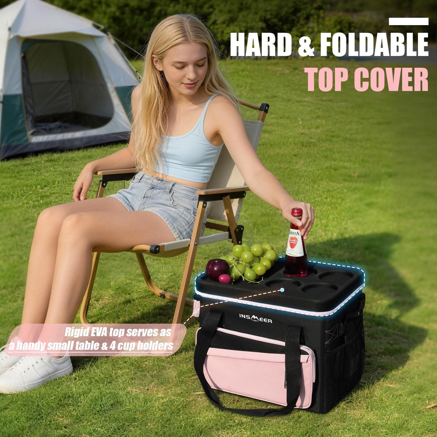 INSMEER Soft Cooler Bag with Hard Shell & 4 Cup Holders, 55 Cans 40L Collapsible Soft Sided Cooler, 100% Leakproof Insulated Cooler Bag Portable for Beach Travel Camping Picnic