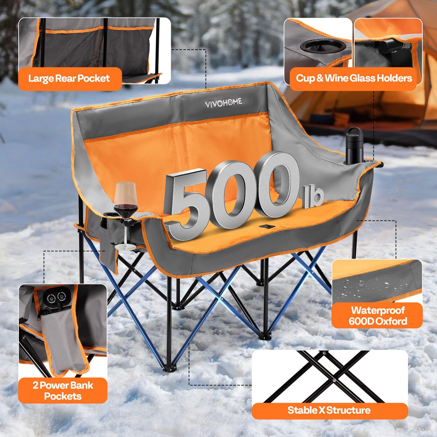 VIVOHOME 45W Padded Heating Double Camping Chair with 2 x 27000mAh Power Bank, Heated Oversized Portable Loveseat for Outdoor Sports, 3 Levels of Heat, Overheat Protection System, Orange and Gray