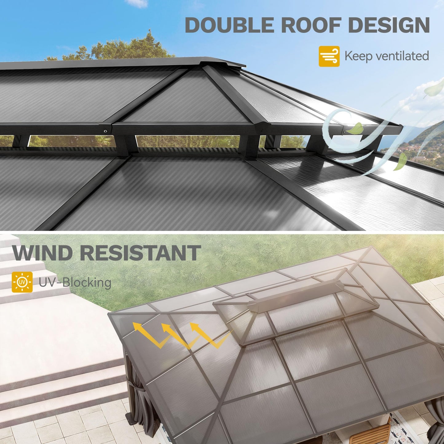 DWVO 10x12ft Gazebo Hardtop Double Roof Polycarbonate Canopy Outdoor with Netting and Shaded Curtains, Aluminum Frame Garden Tent for Patio, Backyard, Deck and Lawns, Gray