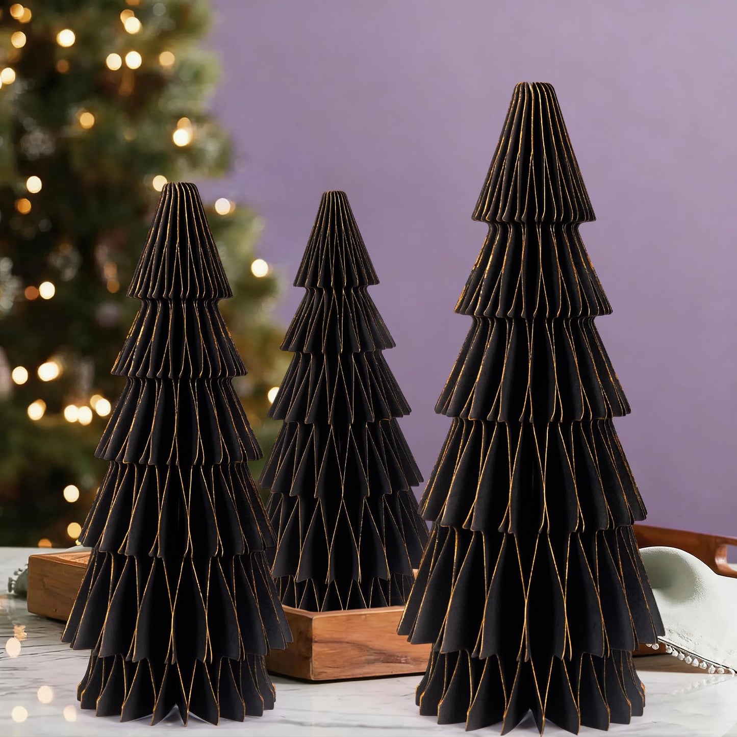 SUNBEAUTY 3PCS Black and Gold Honeycomb Paper Christmas Tree, 3D Christmas Tree Table Centerpiece with Magnetic Attachment,Christmas Winter Newyear Party Holiday Home Decor