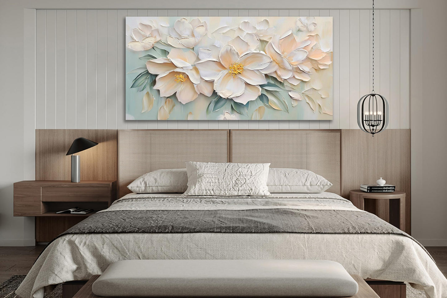 Anolyfi White Textured Flowers Canvas Wall Art for Living Room, Modern Aesthetic Sage Florals Painting Wall Decor for Hallway Bedroom Dining Room Office Home Decor 40"x20"