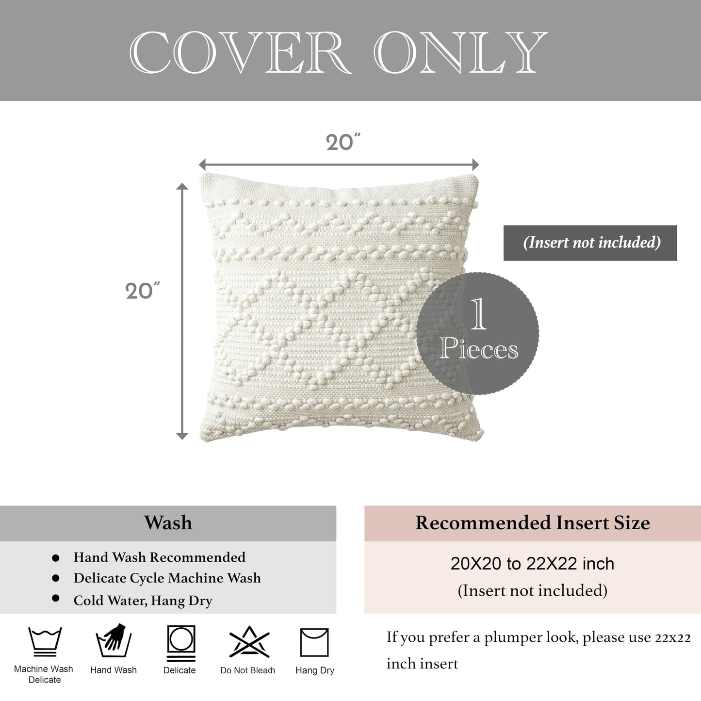 BlissBlush Pure White Decorative Throw Pillow Cover 20X20, Boho Accent Pillow for Couch, Square Modern Farmhouse Pillowcase for Living Room Couch Sofa Cushion Home Décor (Pack of 1)