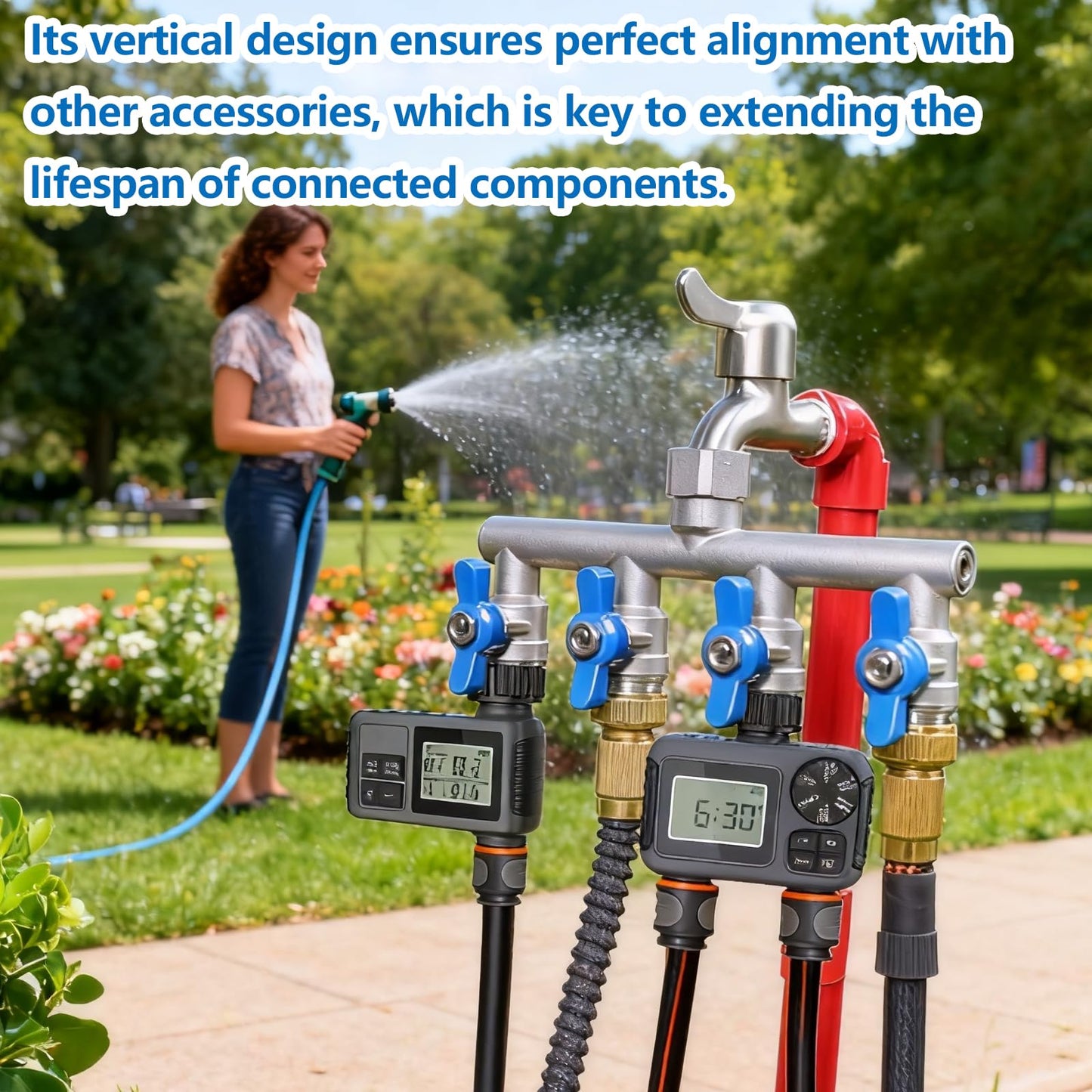 304 Stainless Steel Garden Hose Splitter 4 Way Heavy Duty, Full Flow T Valve Water Hose Splitter With 2.1" Extra Long Handle, Lead-free，3/4" GHT Thread Connector For Outdoor Spigot Faucet