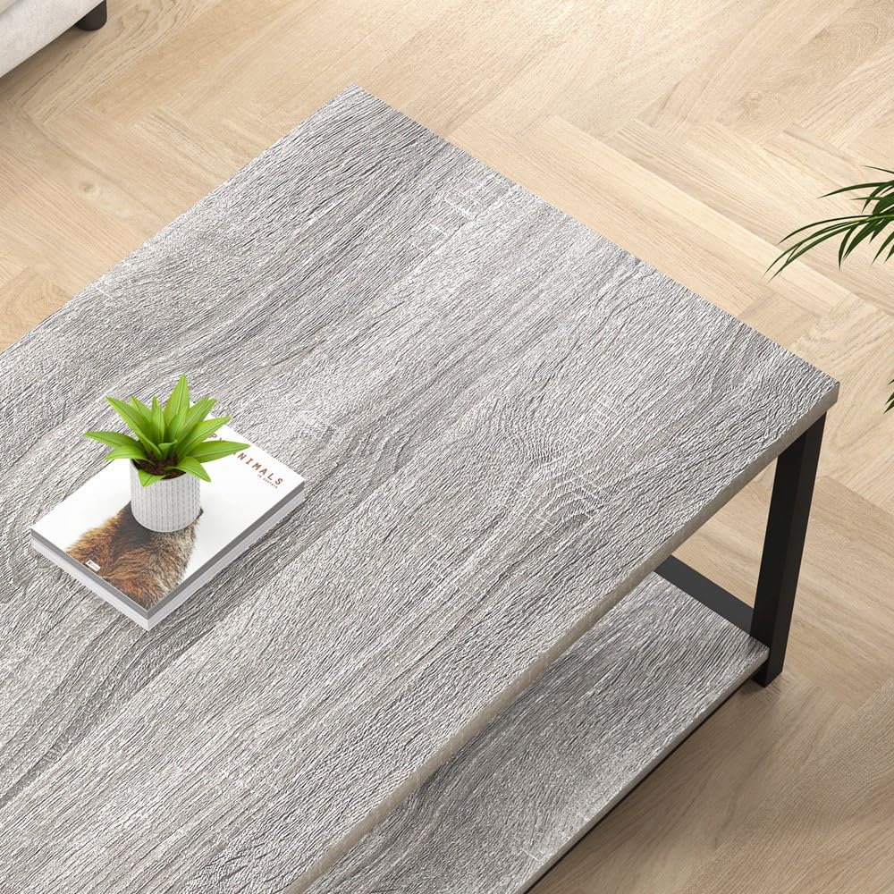 FOLUBAN Coffee Table, Modern Rectangle Living Room Table with Storage Shelf, Rustic Wood and Metal Center Table, Light Grey, 47 Inch
