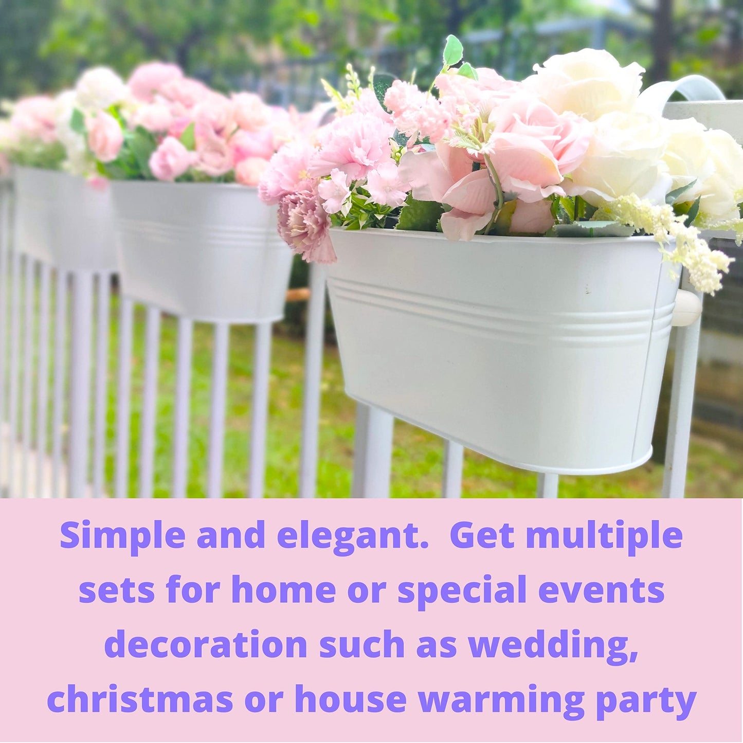 Maxona Metal Iron Hanging Flower Pots, 4 Pack, 9.8 Inch Oval White Railing Fence Hanging Bucket Pots Countryside Style Window Flower Plant Holder with Detachable Hooks Home Décor
